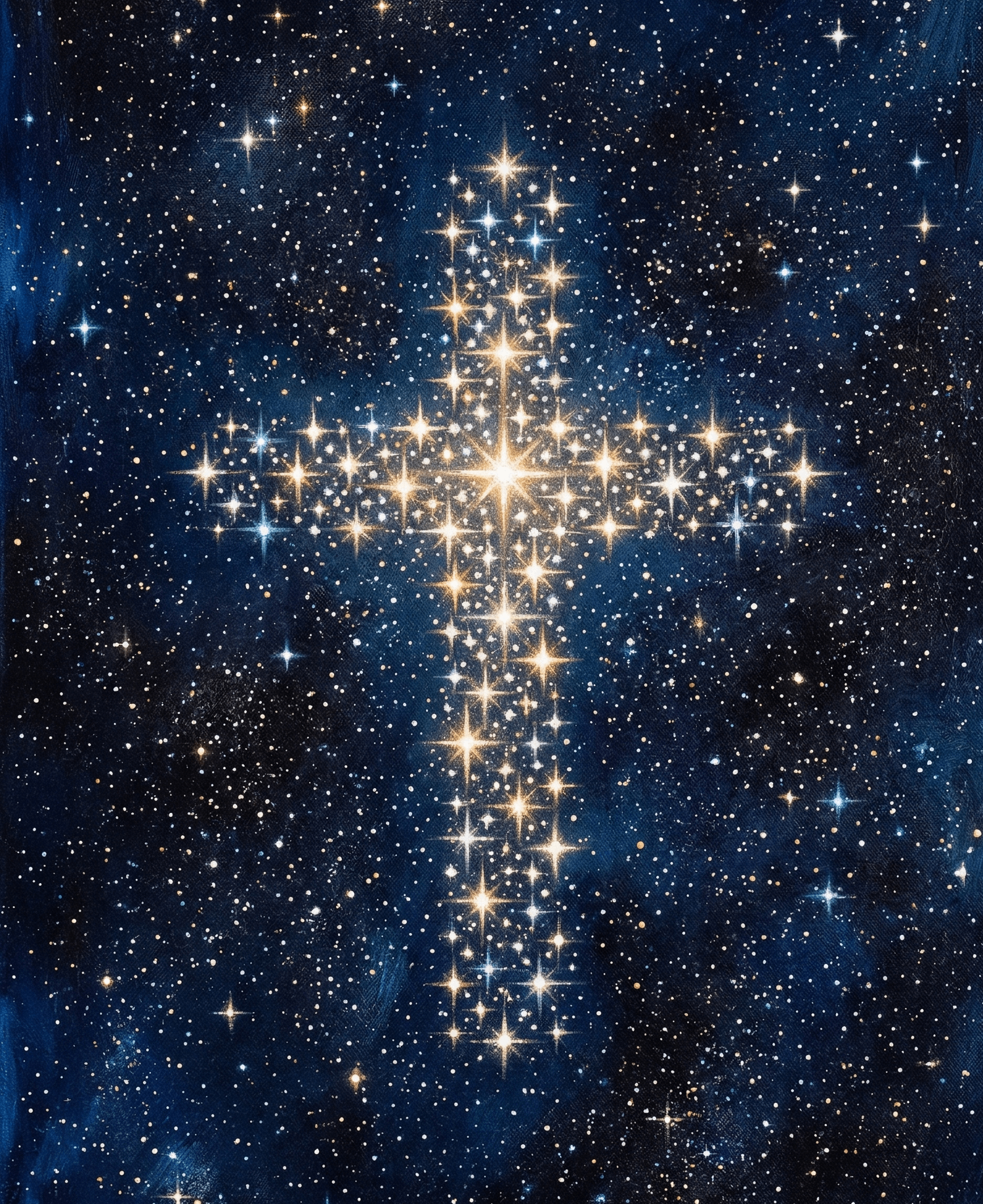 A glowing constellation of a Christian cross in the center, surrounded by numerous smaller stars and cosmic dust against a dark blue background.