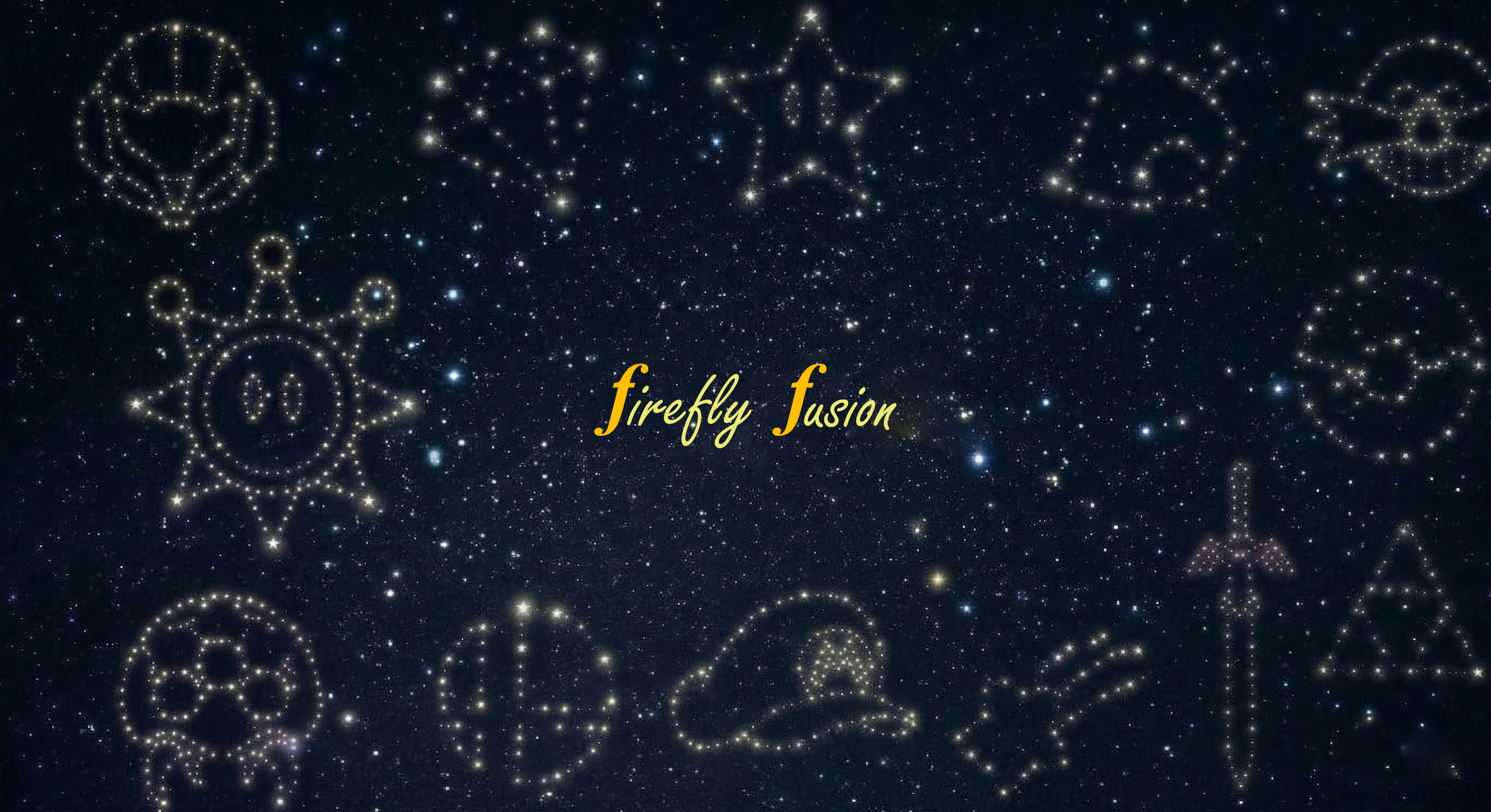Starry night sky with constellations of iconic logos and items from legendary video game series. Firefly Fusion's main text logo is in the center.