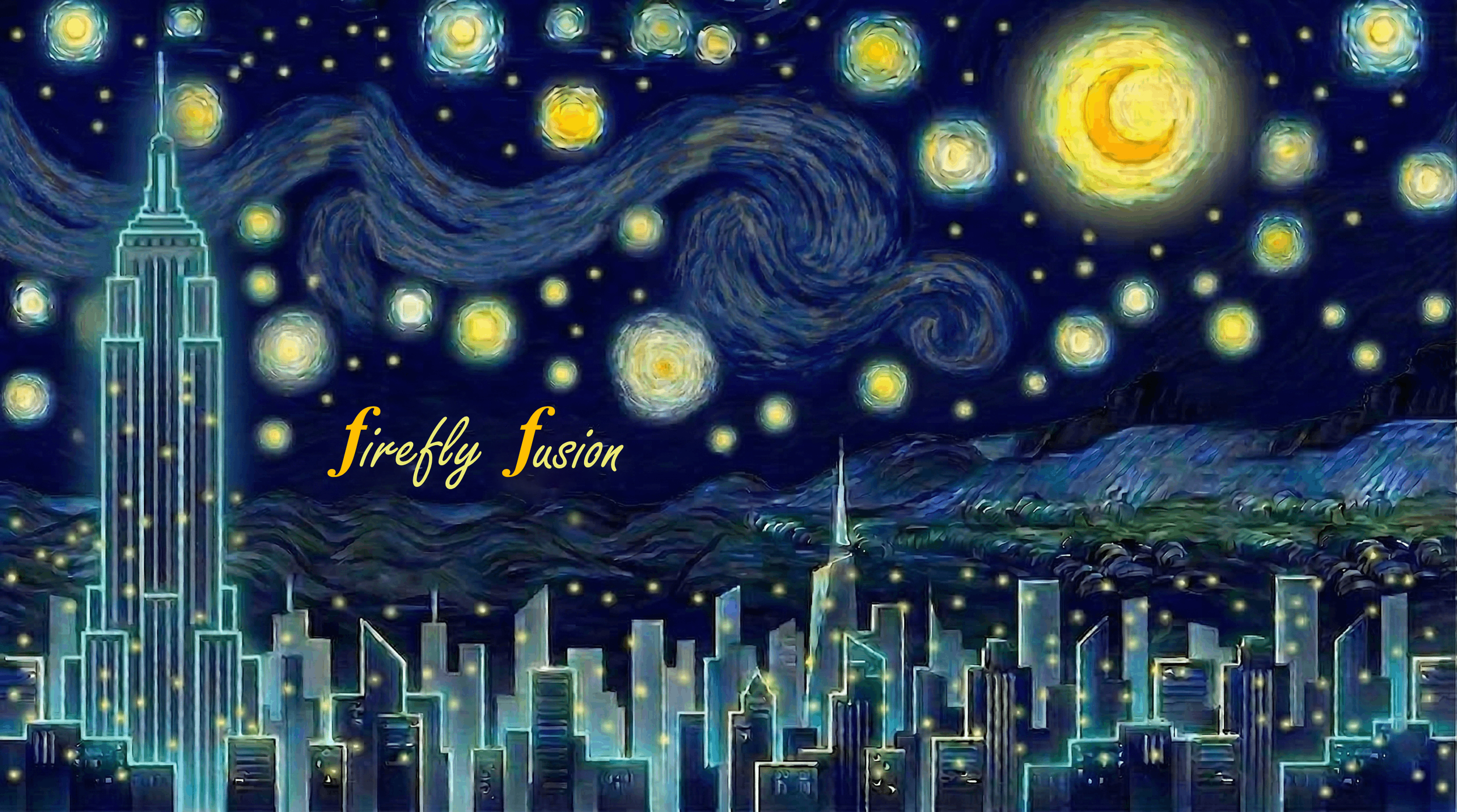 Artistic depiction of the night sky inspired by Vincent van Gogh's 'Starry Night,' featuring swirling stars, a crescent moon, and a cityscape with tall buildings illuminated outline. The words 'firefly fusion' are written in yellow cursive in the sky.