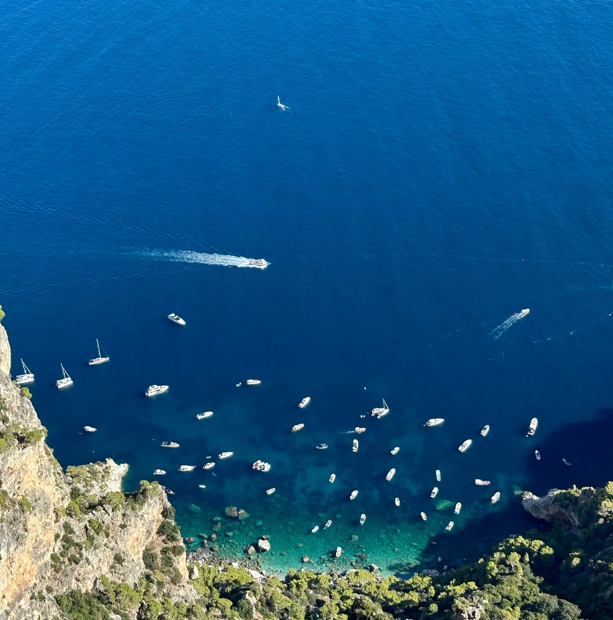 A view from above of a cove with boats anchored and sailing on blue water, surrounded by rocky cliffs and green vegetation.