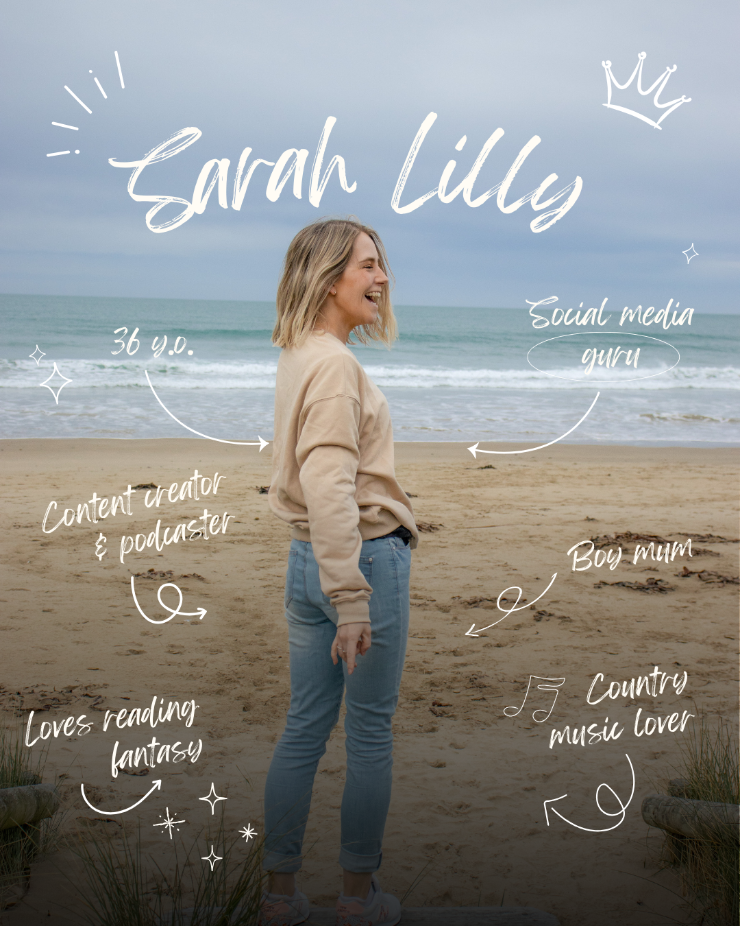 A woman at the beach with annotations about her interests and background, including her name Sarah Lilly, age 36, a social media guru, a content creator and podcaster, who loves reading fantasy and country music, and is identified as a boy mum.