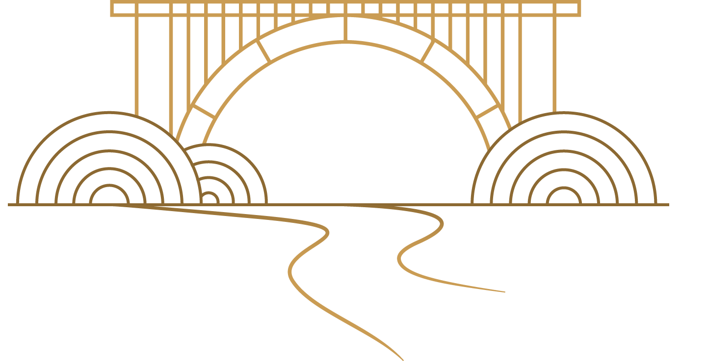 Line drawing of Victoria Bridge and the Waikato river