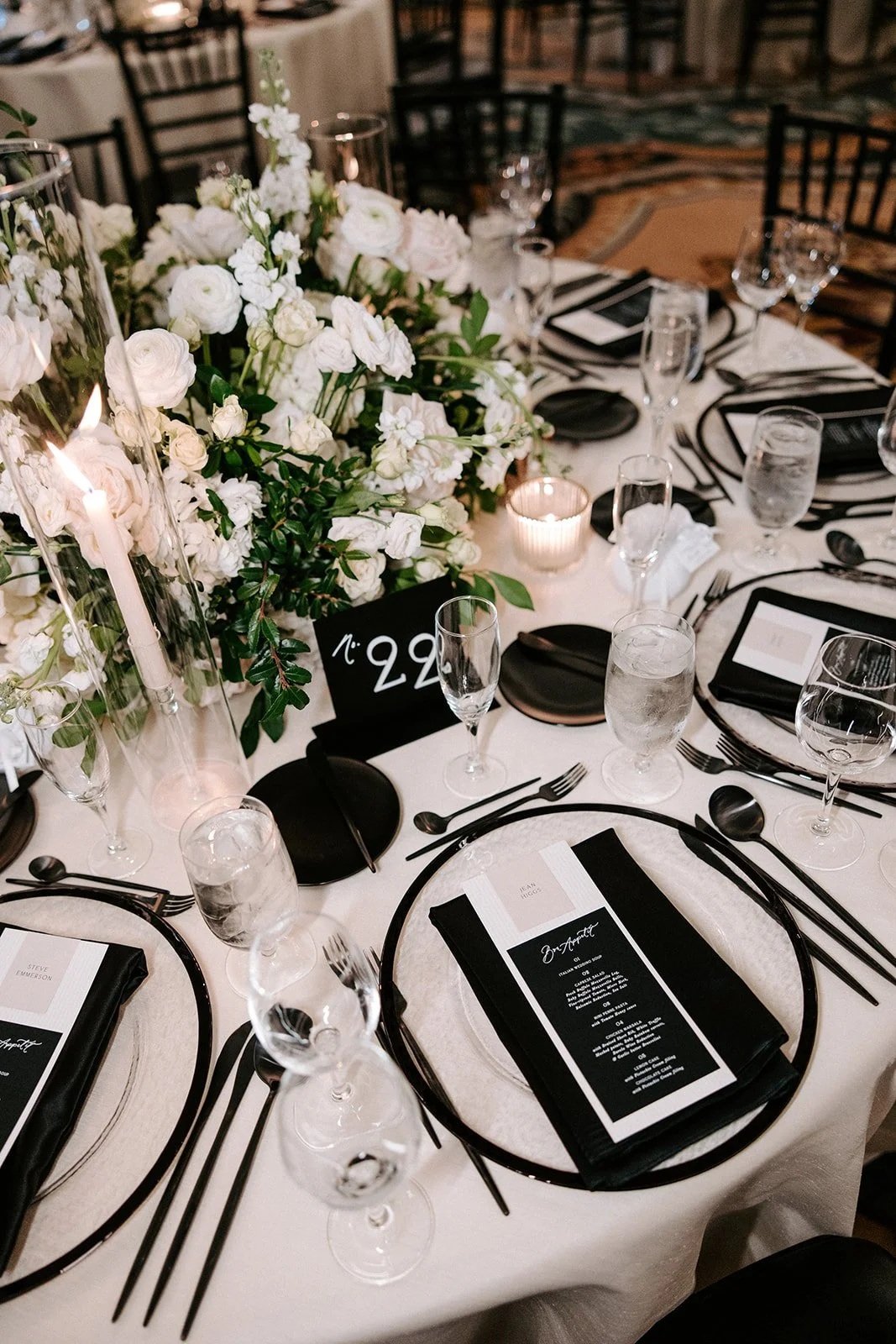 Elegant black tie wedding reception design at Portofino bay hotel in Orlando, Florida.