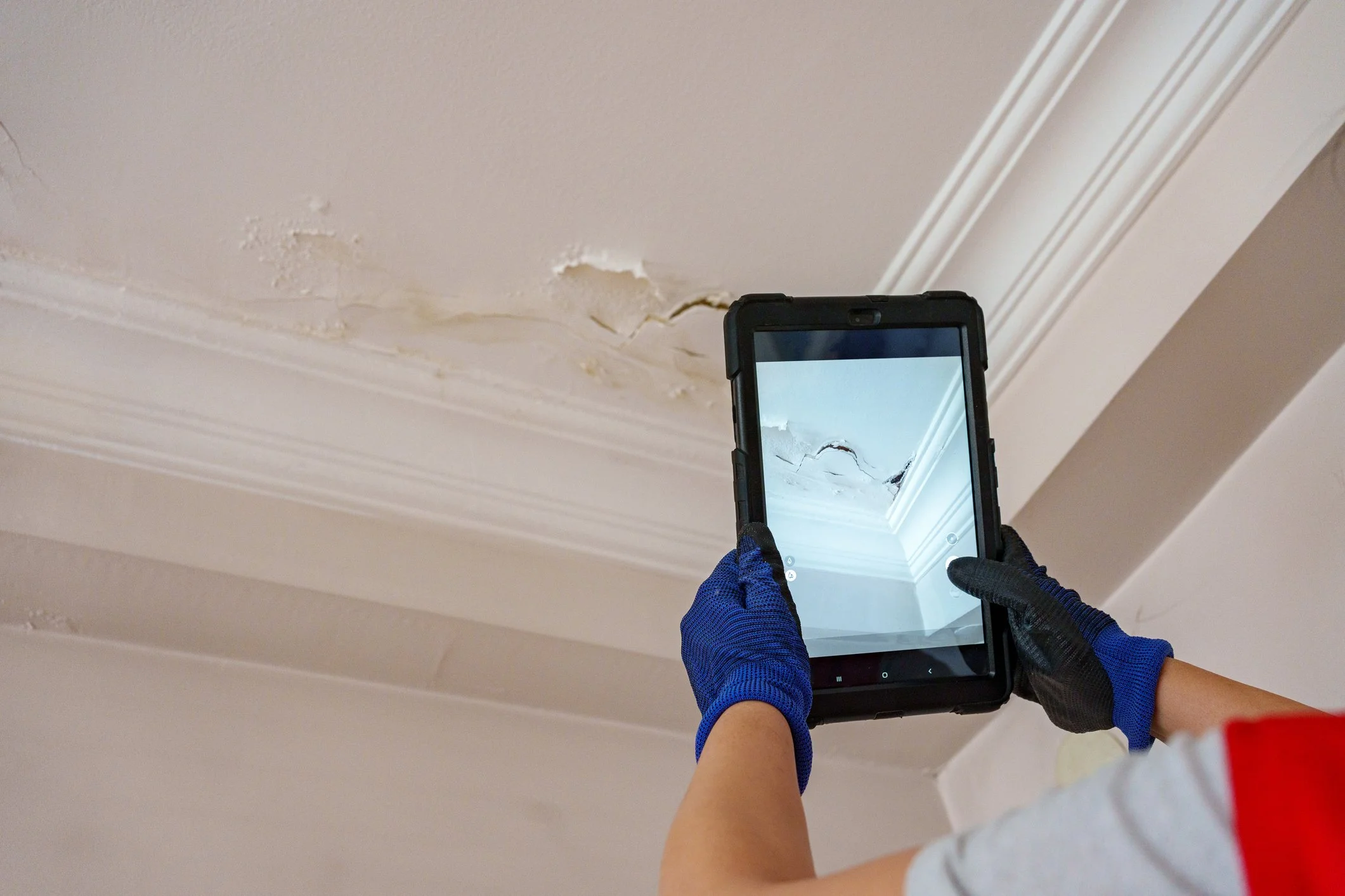 Inspecting water damage and defects in an existing property ceiling