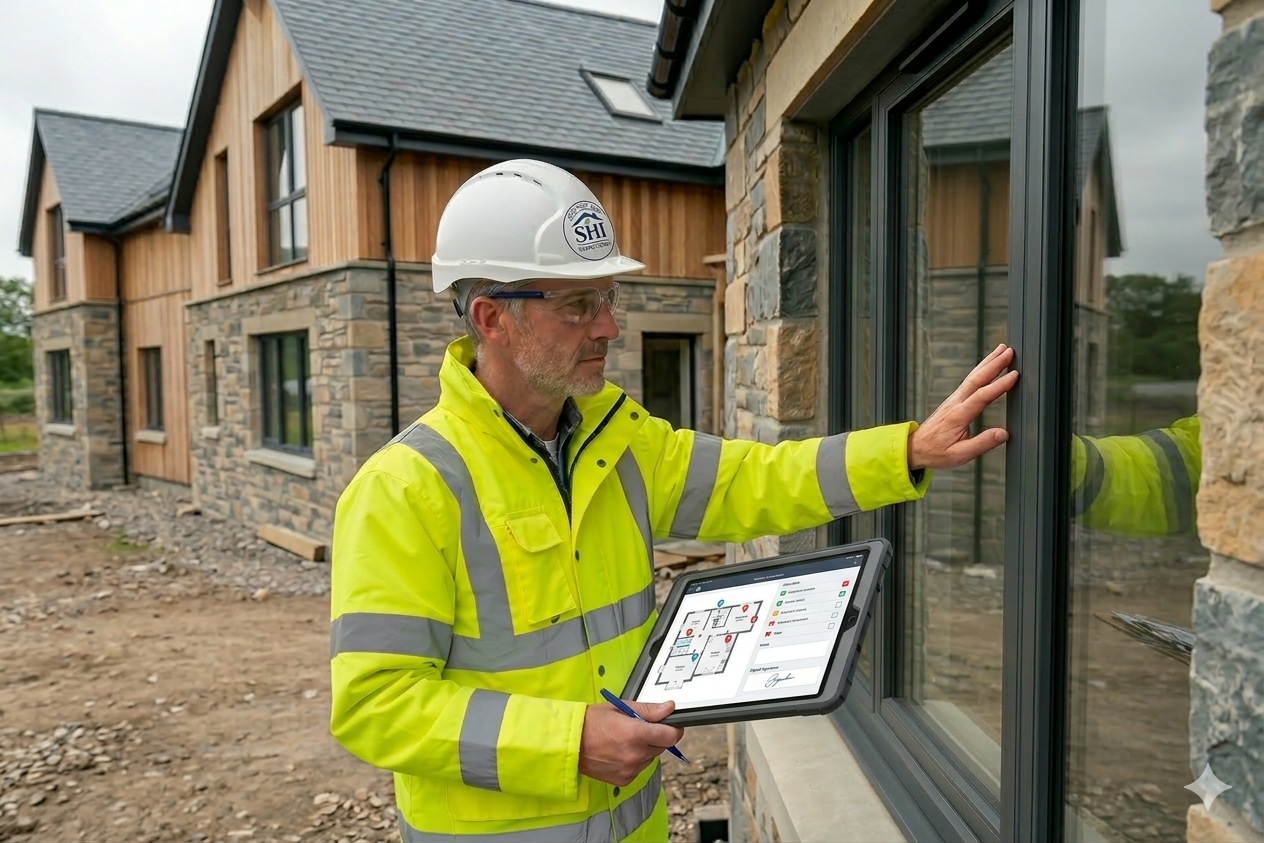 Qualified home inspector assessing a new build property exterior and windows