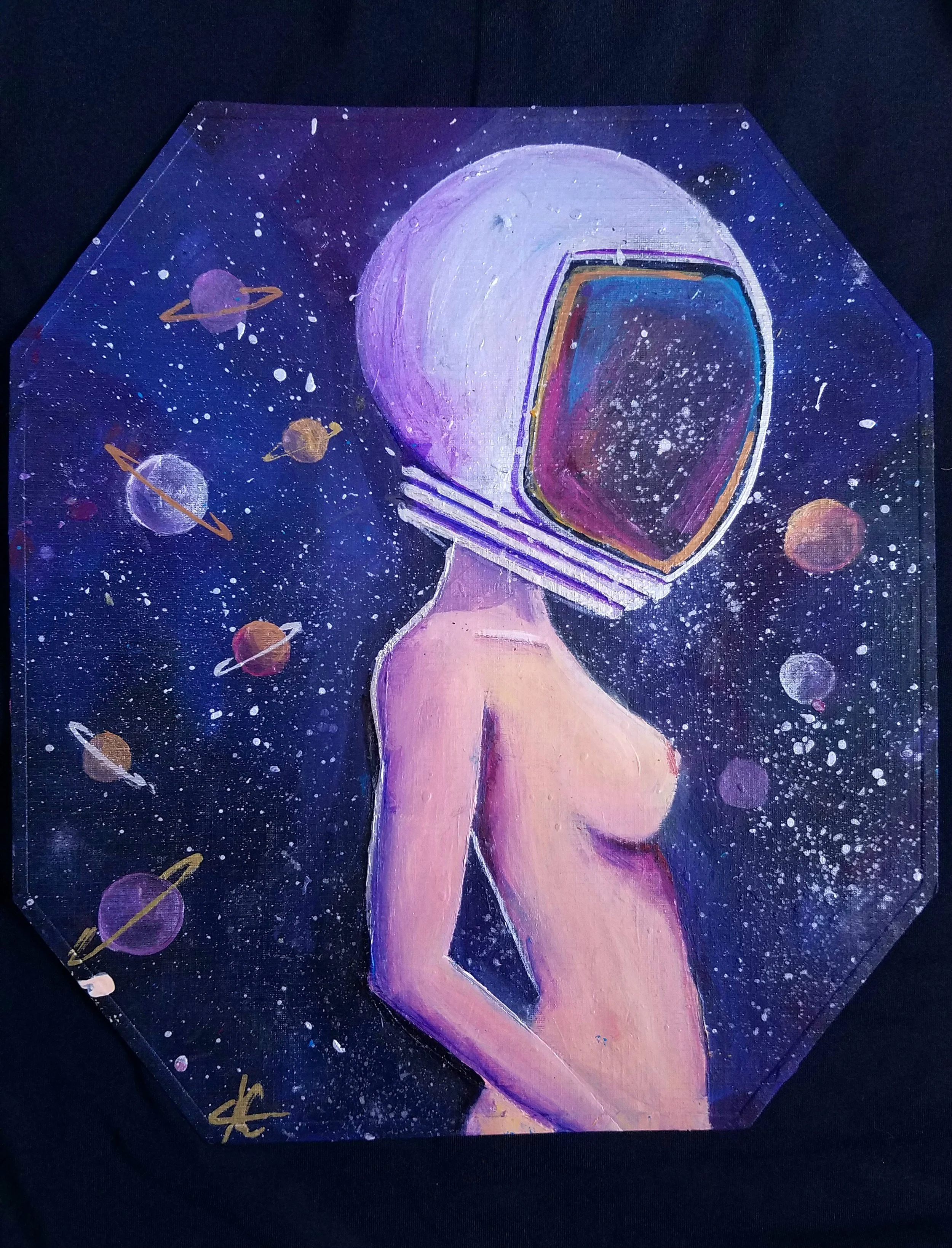Painting of a nude humanoid figure with a retro computer monitor as a head, set against a cosmic background with planets and stars.
