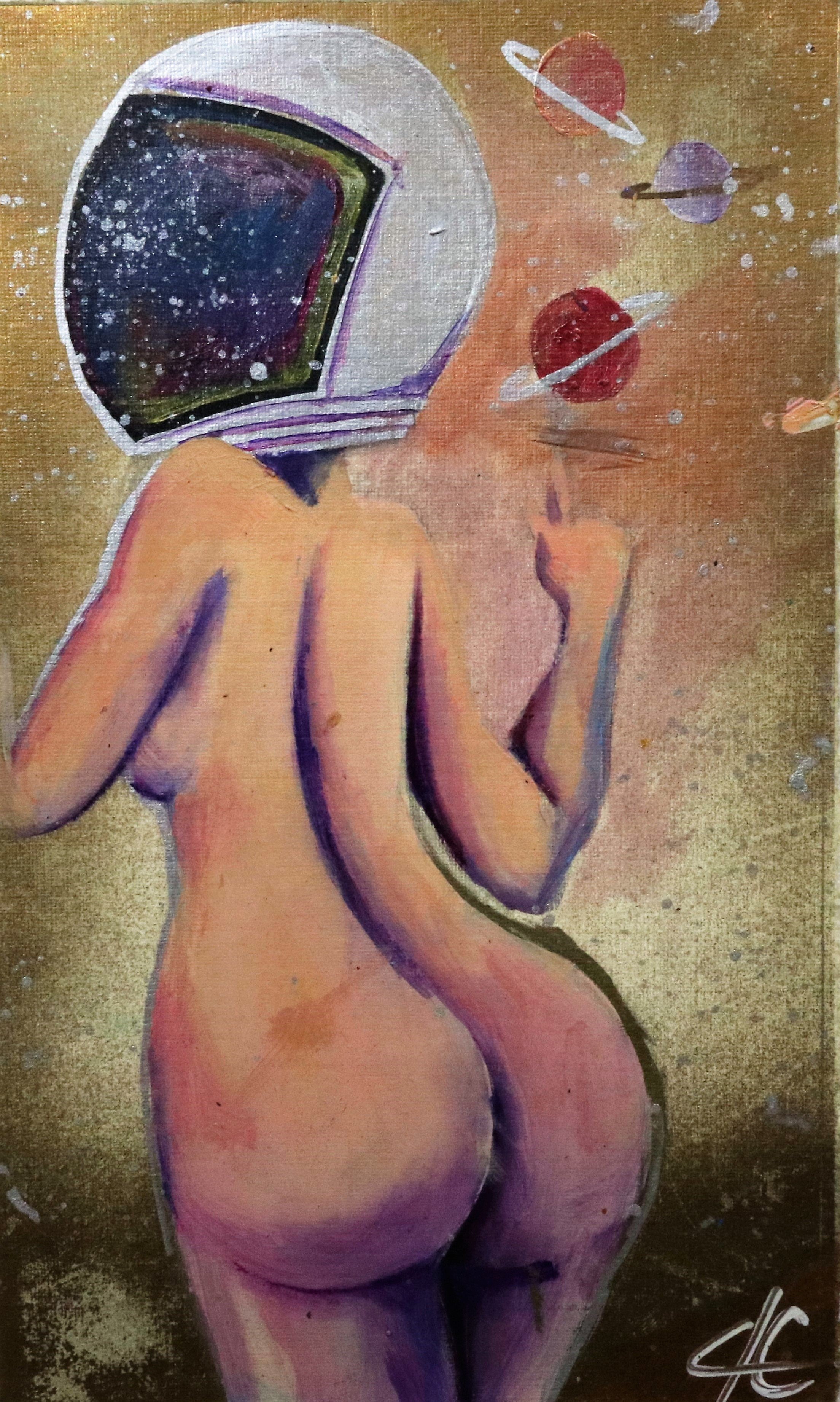 A painting of a nude woman with a robotic head, standing with her back to the viewer, holding her chin with one hand, with a space-themed background including planets.