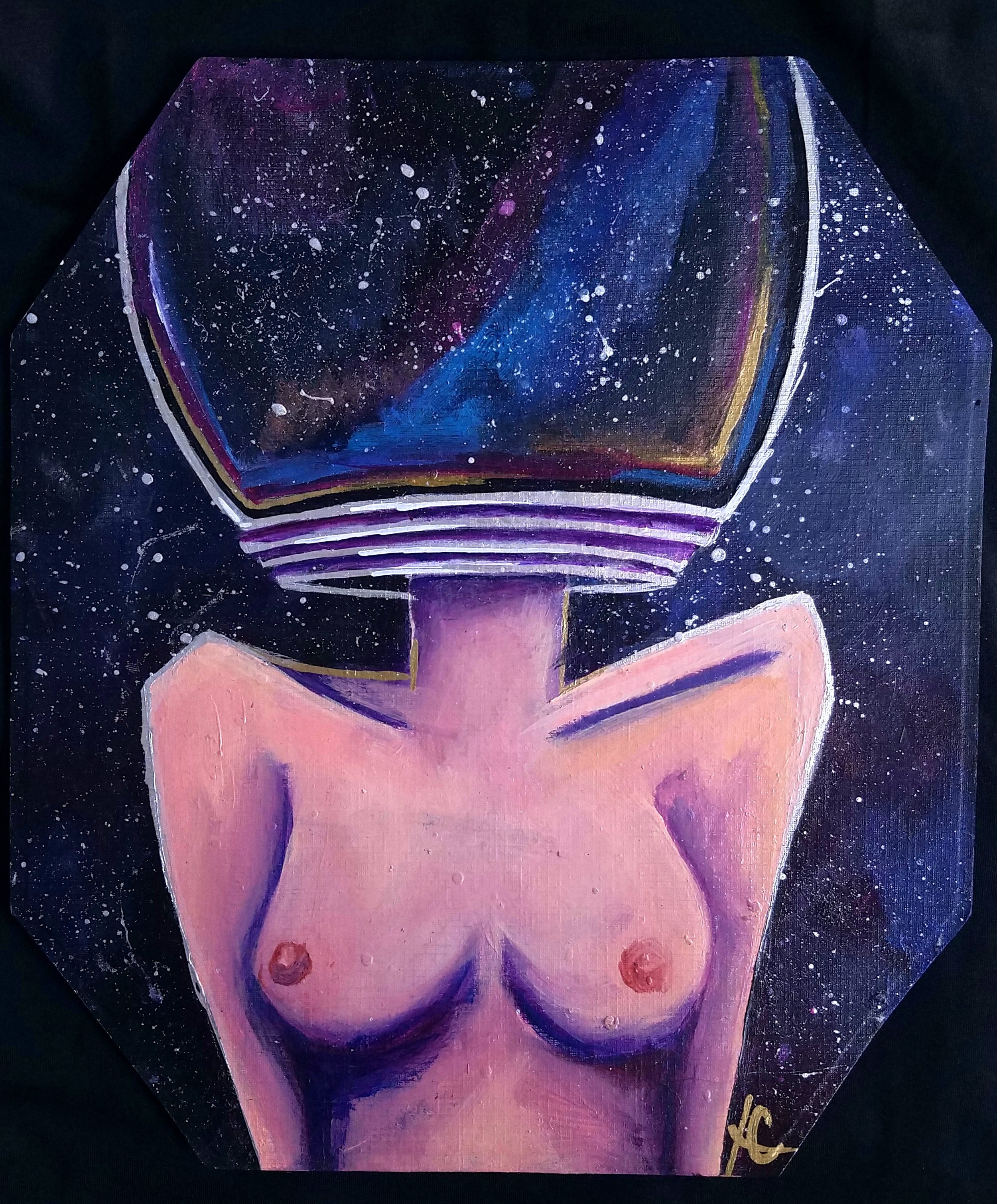 Painting of a human torso with a galaxy helmet, featuring stars and cosmic colors, on a black background.