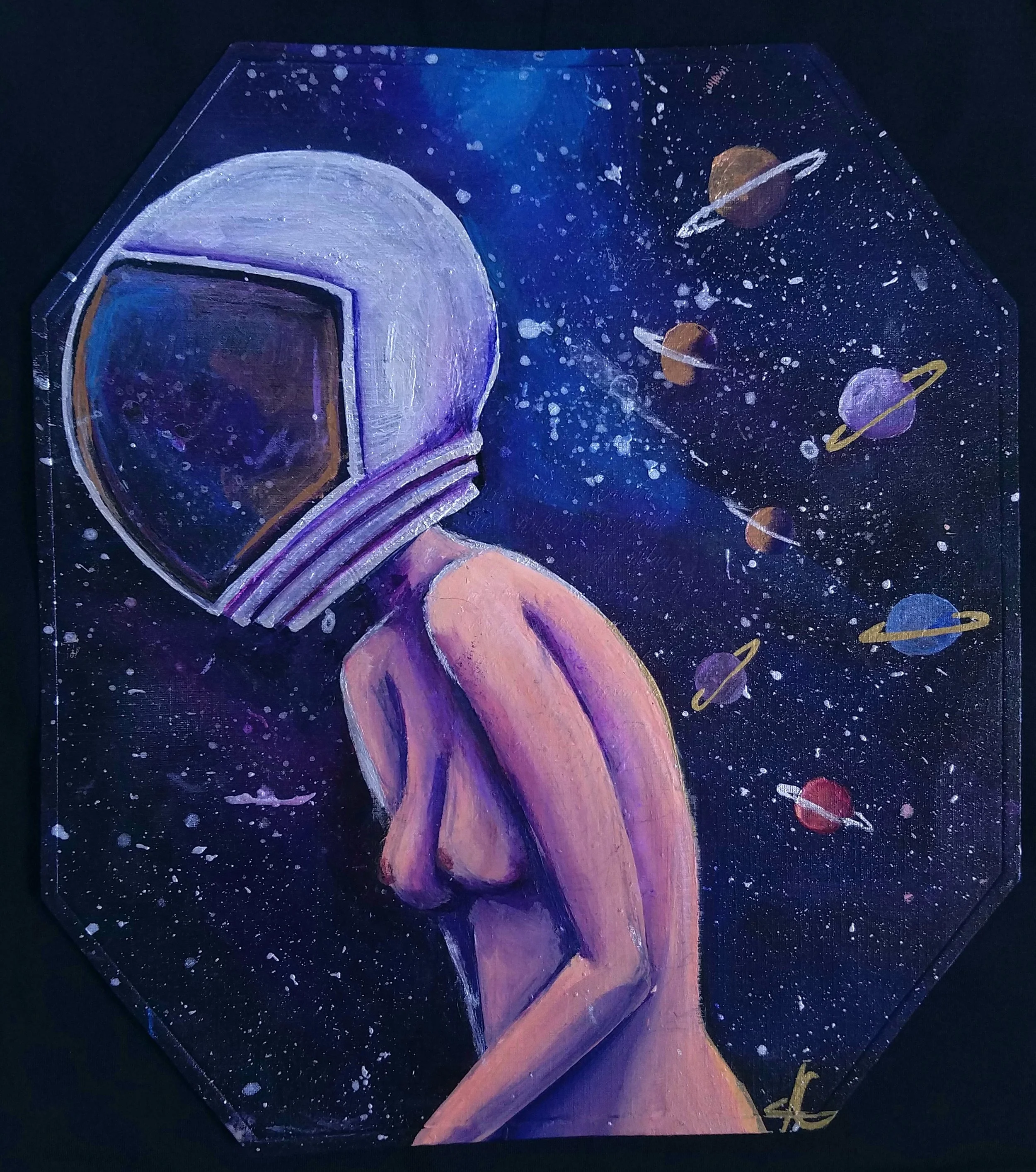 A painting of a humanoid figure with a TV as a head, set in space with planets and stars in the background.