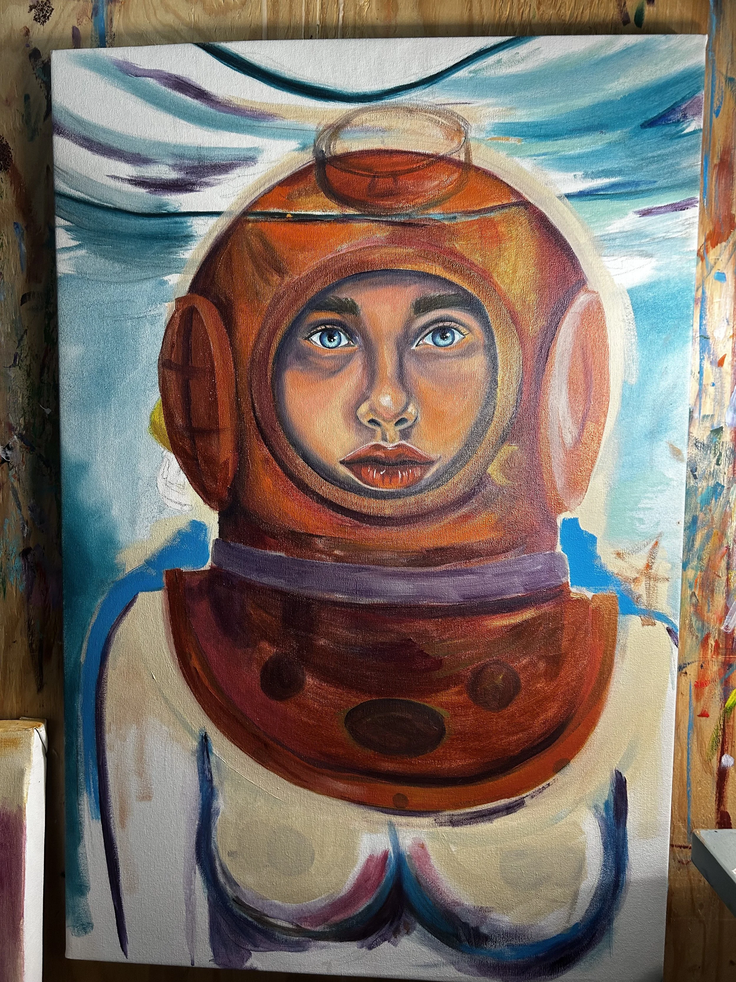 A painting of a woman in a spacesuit with blue eyes, dark eyebrows, and red lipstick, set against a colorful background.