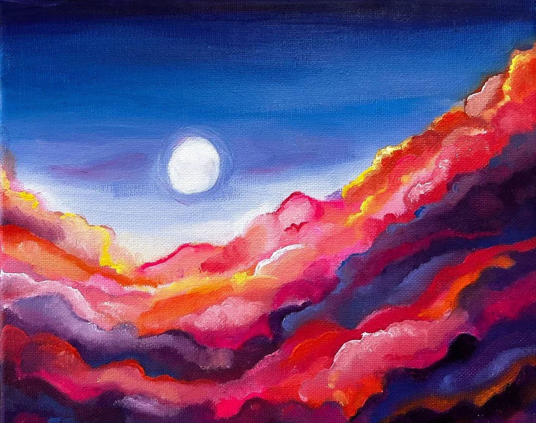 A colorful painting of a sunset with vibrant pink, purple, and orange clouds and a bright white moon in a dark blue sky.
