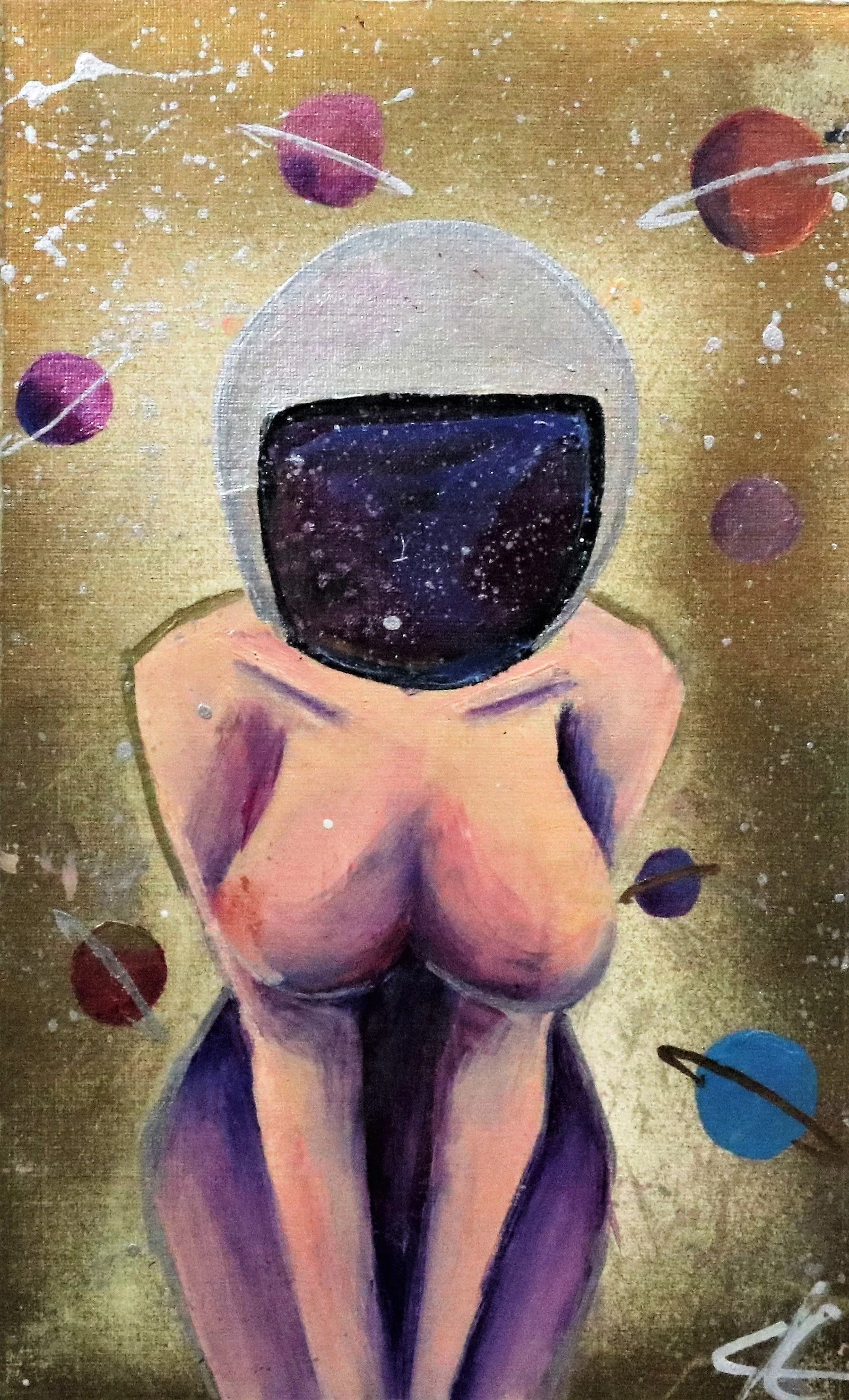 Painting of a nude female figure with a cosmic space helmet, surrounded by planets and stars, set against a gold background.