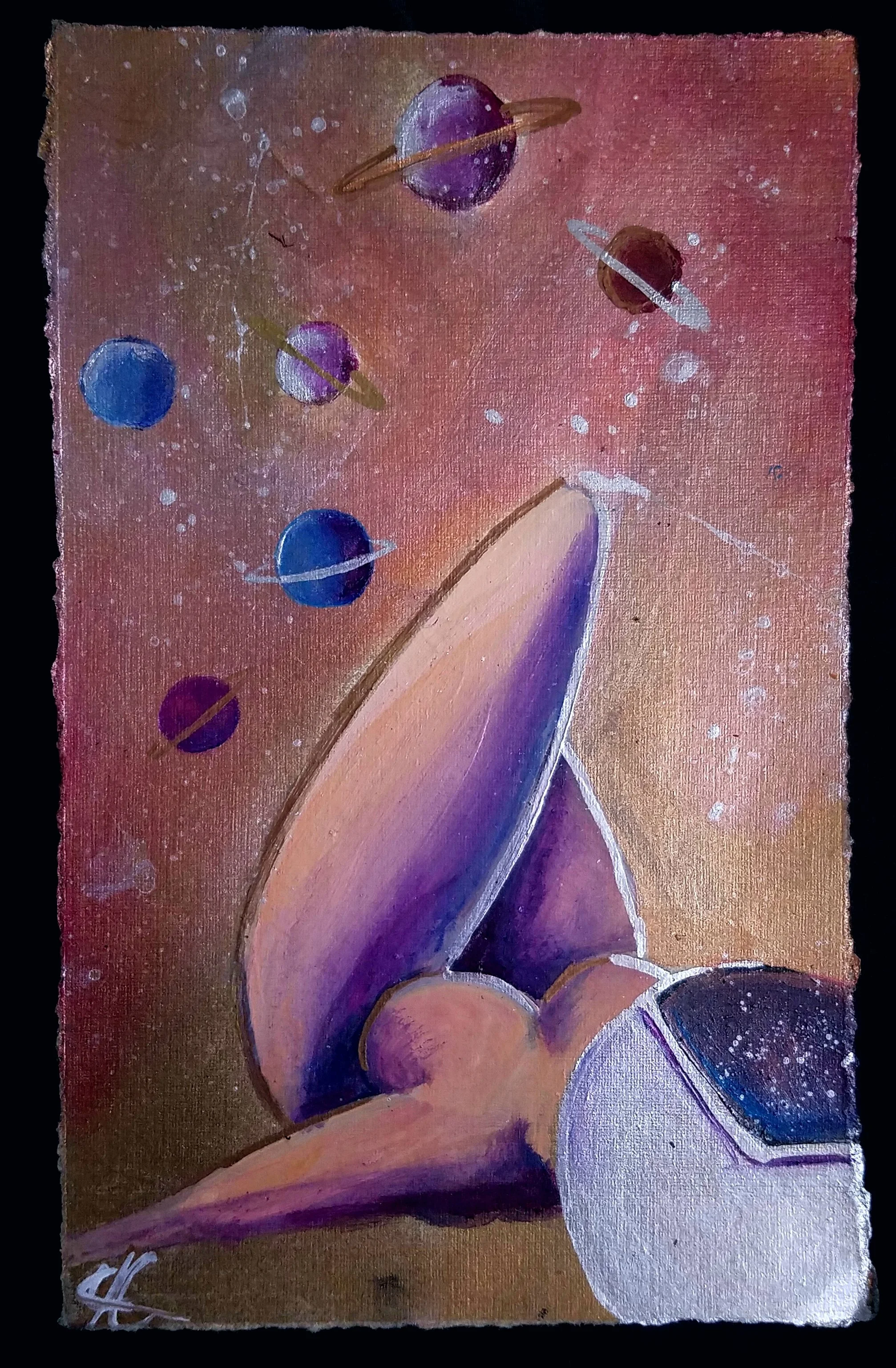An abstract painting of a human figure sitting with planets and stars in a space background.