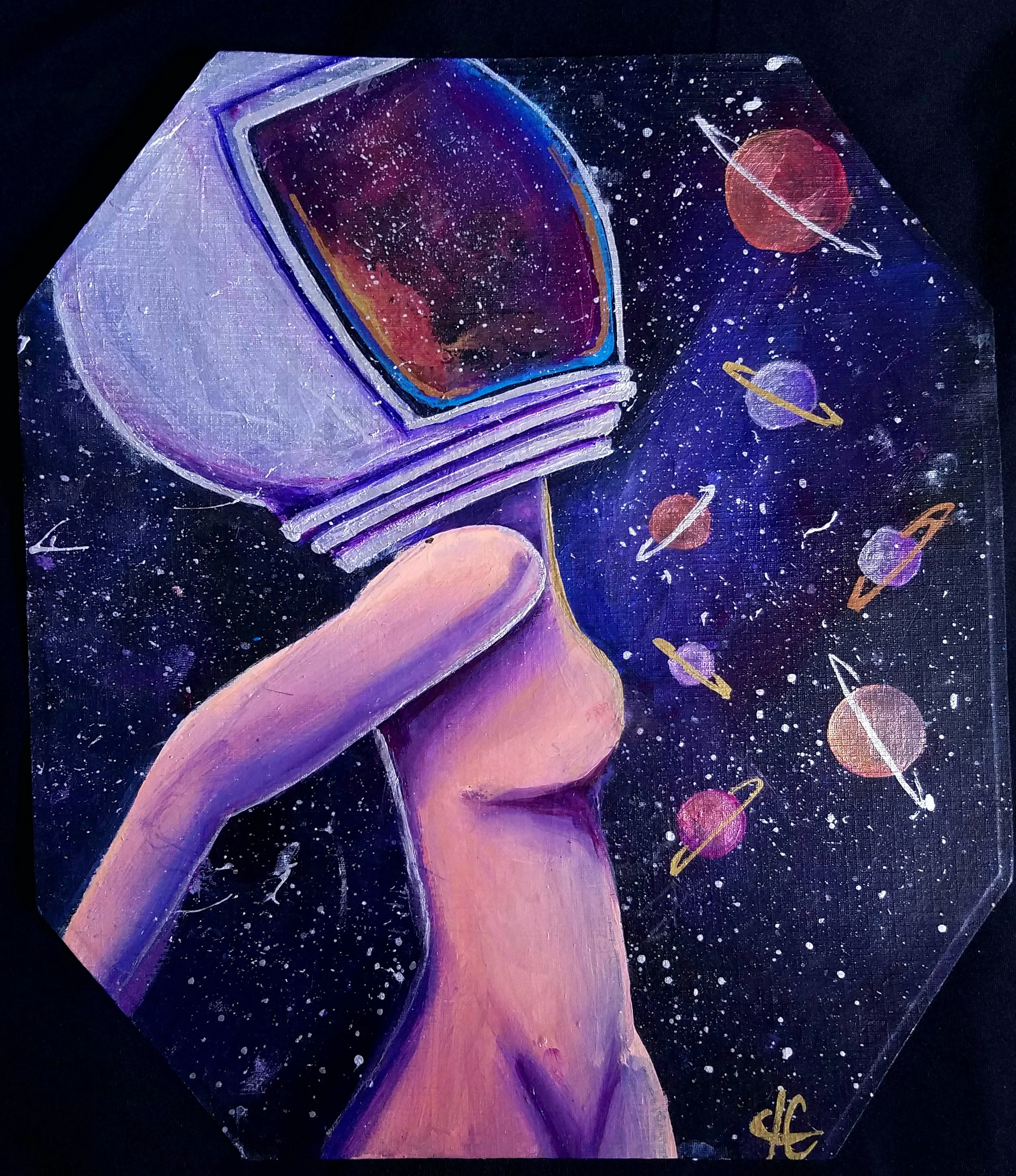 Painting of a hand holding a vintage television set, with the television screen showing a galaxy. The background features planets and stars, creating a space scene.