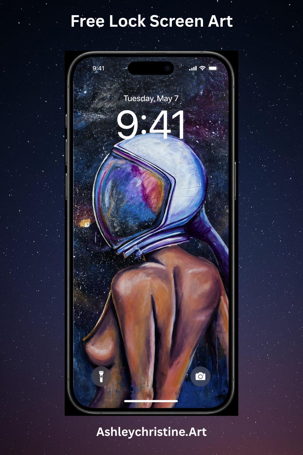 A digital art of a person with a bare back wearing a space helmet, set against a starry universe background, promoting free lock screen art by AshleyChristine.Art.