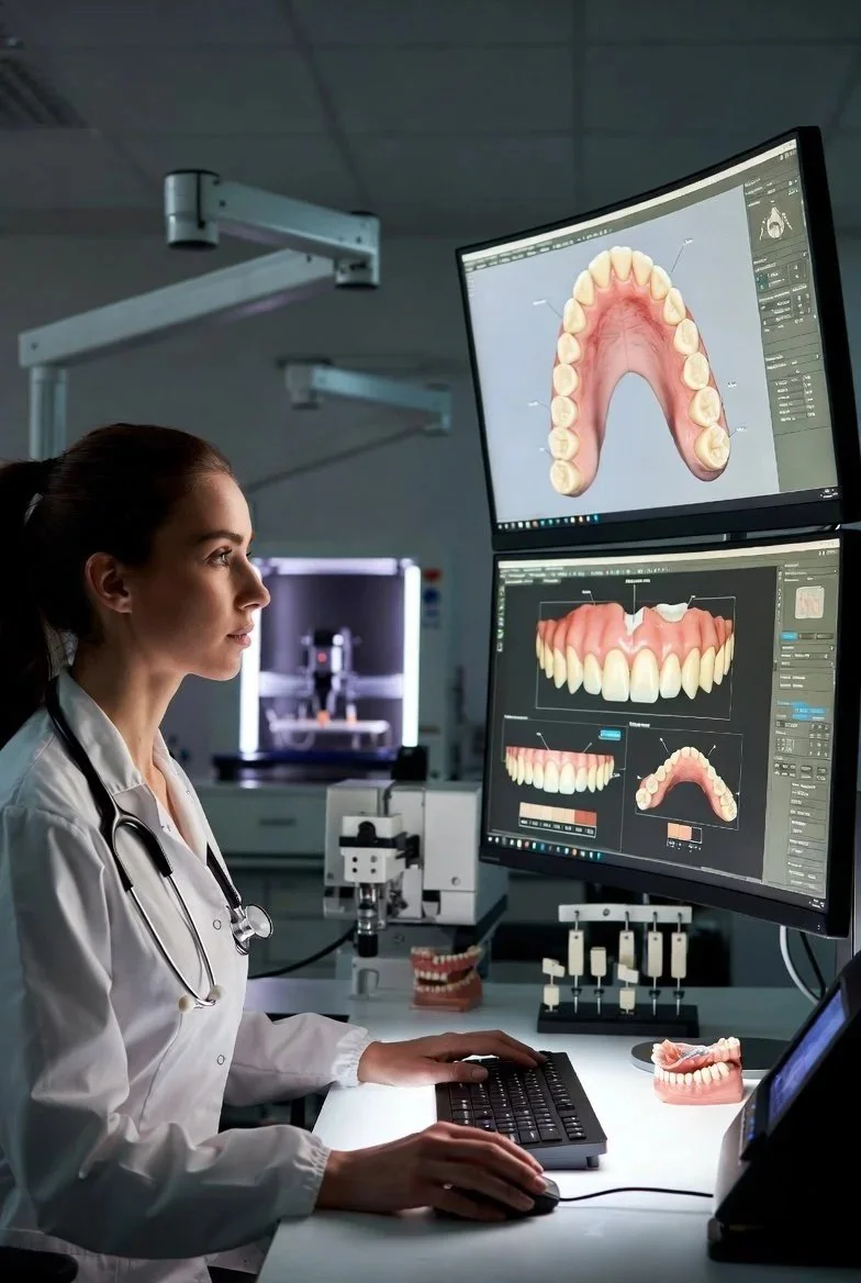 A female dental professional analyzing 3D dental models on dual computer monitors in a modern dental lab.