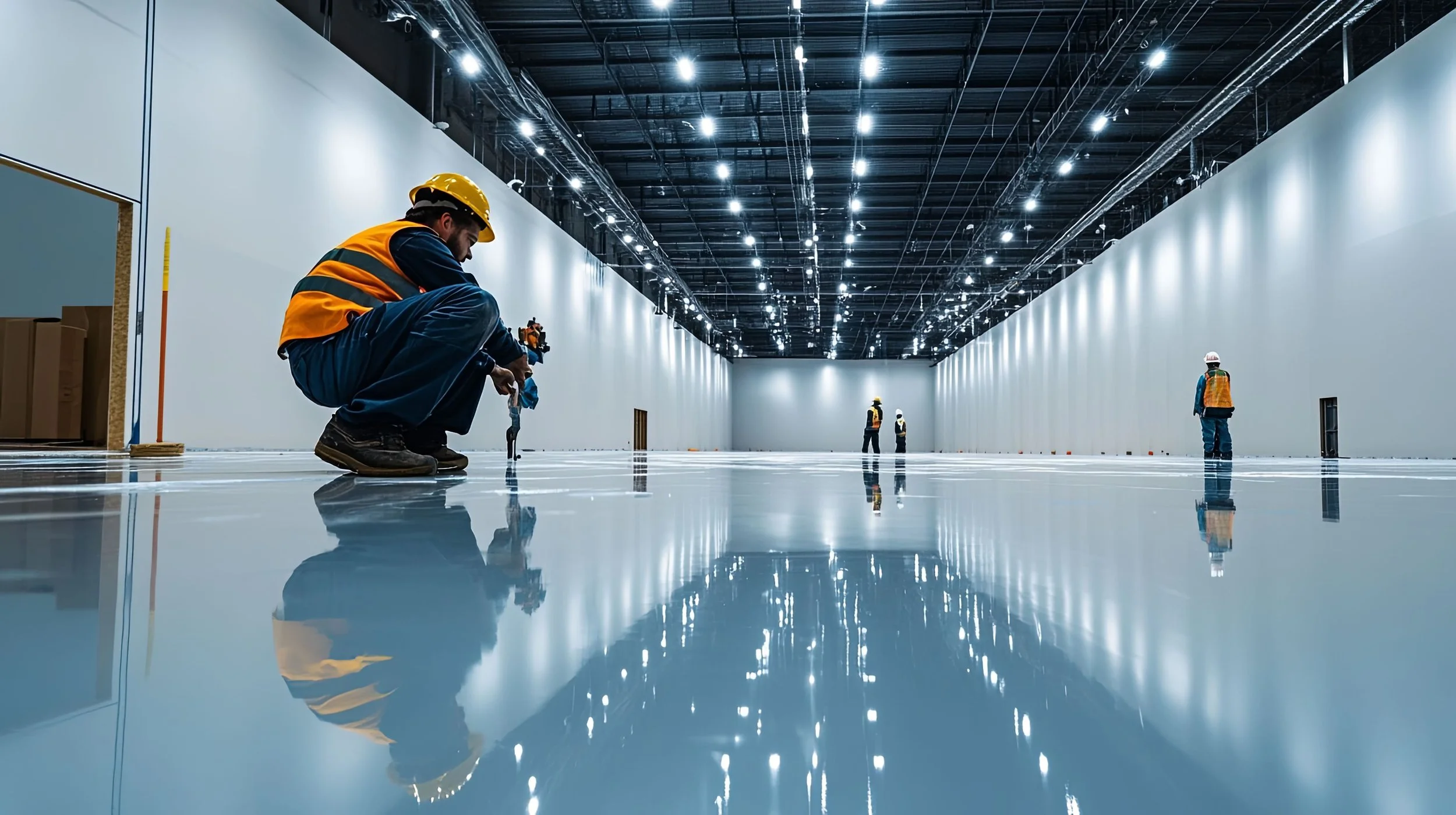 Construction workers installing a shiny, reflective flooring inside a large, empty industrial or warehouse space under bright ceiling lights.