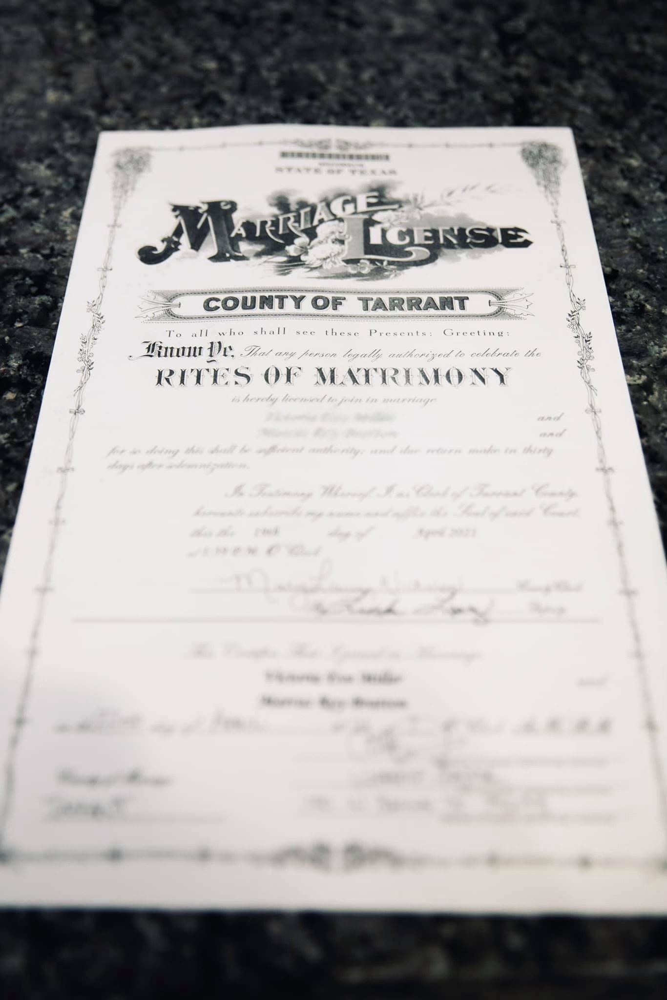 A black-and-white marriage license from Tarrant County, Texas, with ornate borders and decorative text.