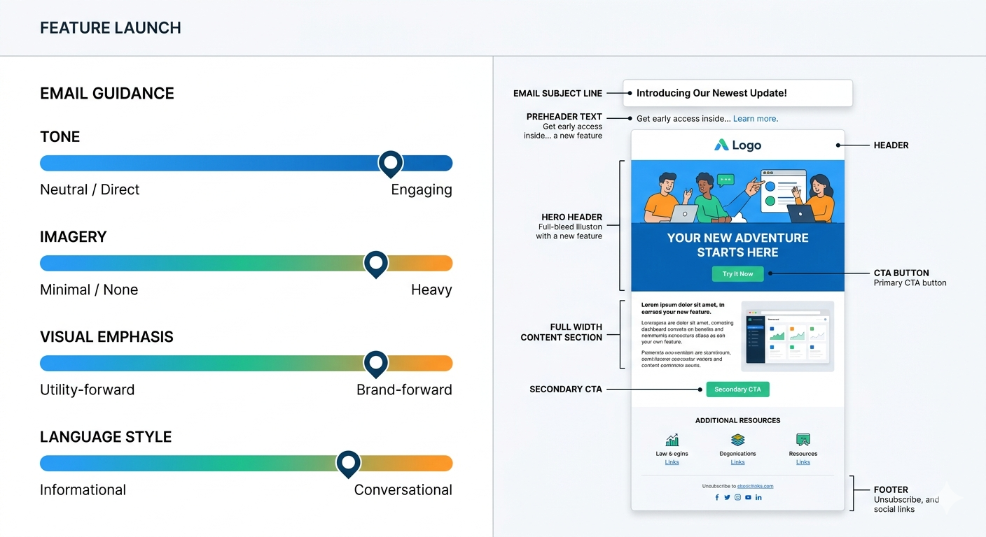 Example of communications playbook, showing a diagrammed email into its related parts (for example, subject line, hero header) and guidance scales for tone, imagery, visual emphasis and language style