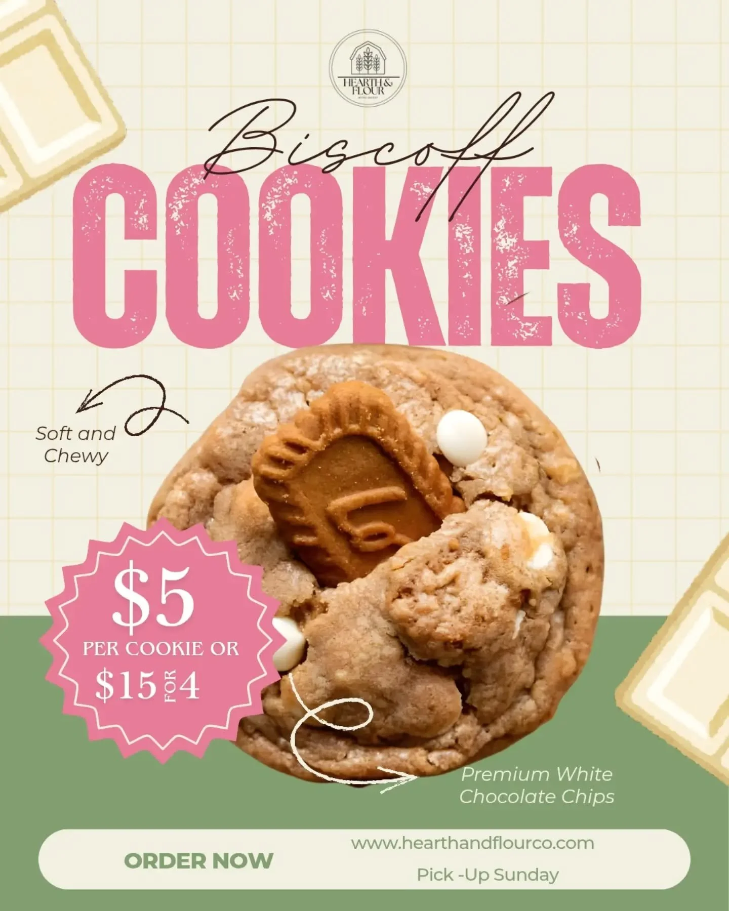 Biscoff Cookies for the win! 

Late Drop! Orders in by Friday,  baking Saturday, happiness on Sunday. Message on socials or through our website! 🥰
www.hearthandflourco.com
