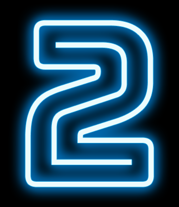 Neon sign of the number 2 glowing in blue against a dark background.