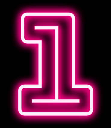 Pink neon number one against a black background.