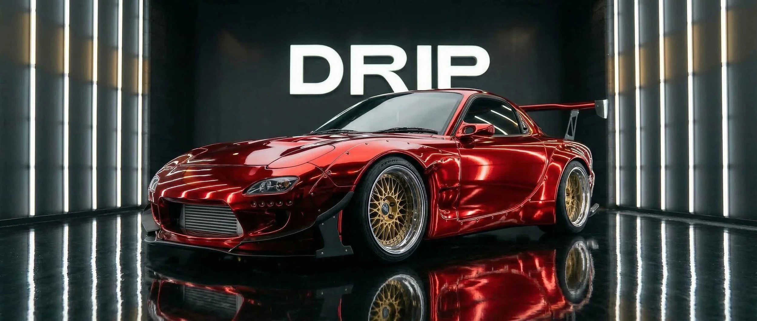 A shiny red sports car with gold wheels in a showroom with neon lights and the word 'DRIP' on the wall behind it.