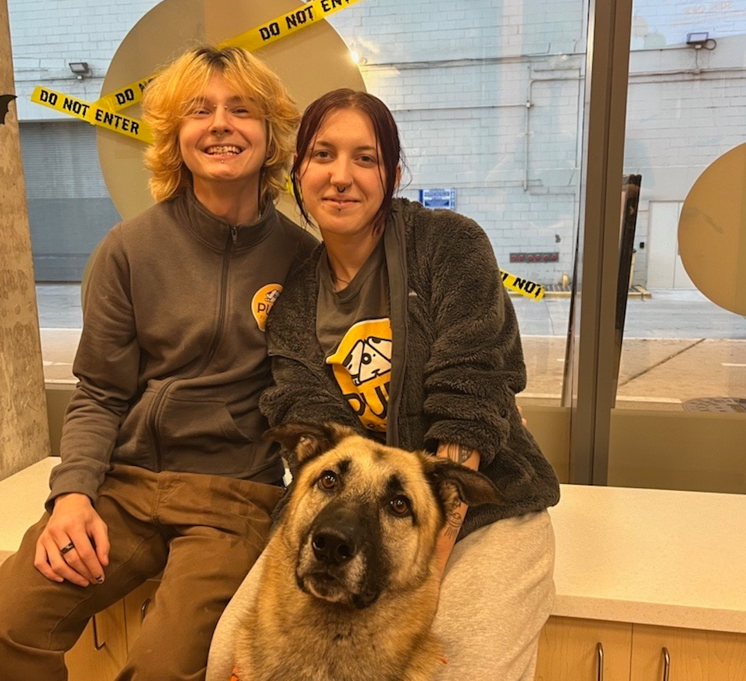 Two young women sitting with a large dog inside a store, behind a glass door with large round stickers and yellow 'Do Not Enter' tape in the background.