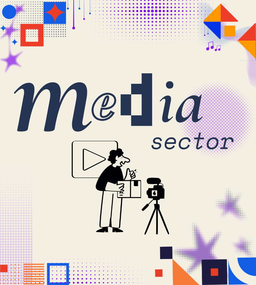 Colorful graphic design featuring the words 'media sector' with a stylized illustration of a person filming with a camera, surrounded by abstract shapes, music notes, and patterns.