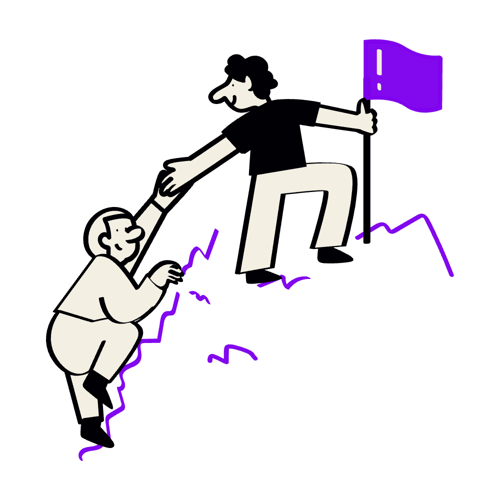Illustration of two people helping each other climb a mountain with a purple flag at the top, symbolizing teamwork and achievement.