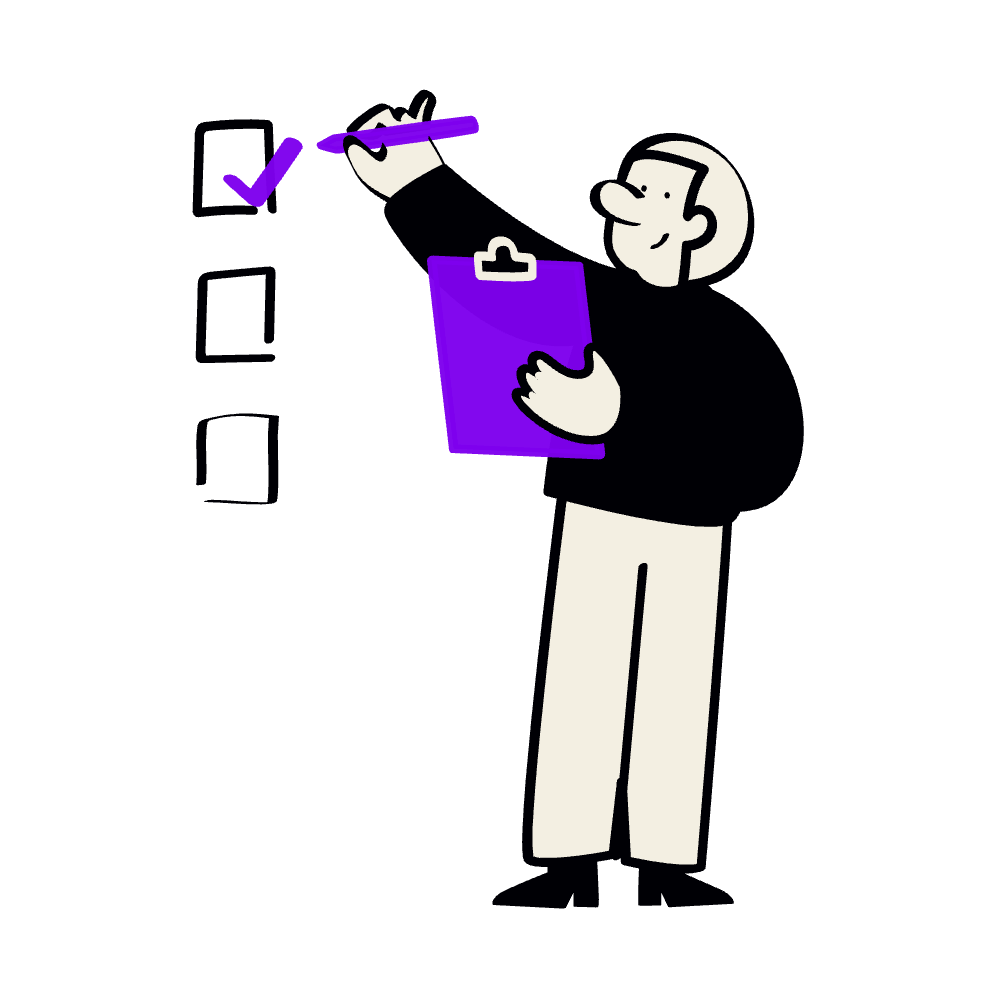 Illustration of a person with a clipboard, checking off items on a checklist, with a marker in hand, set against a black background.