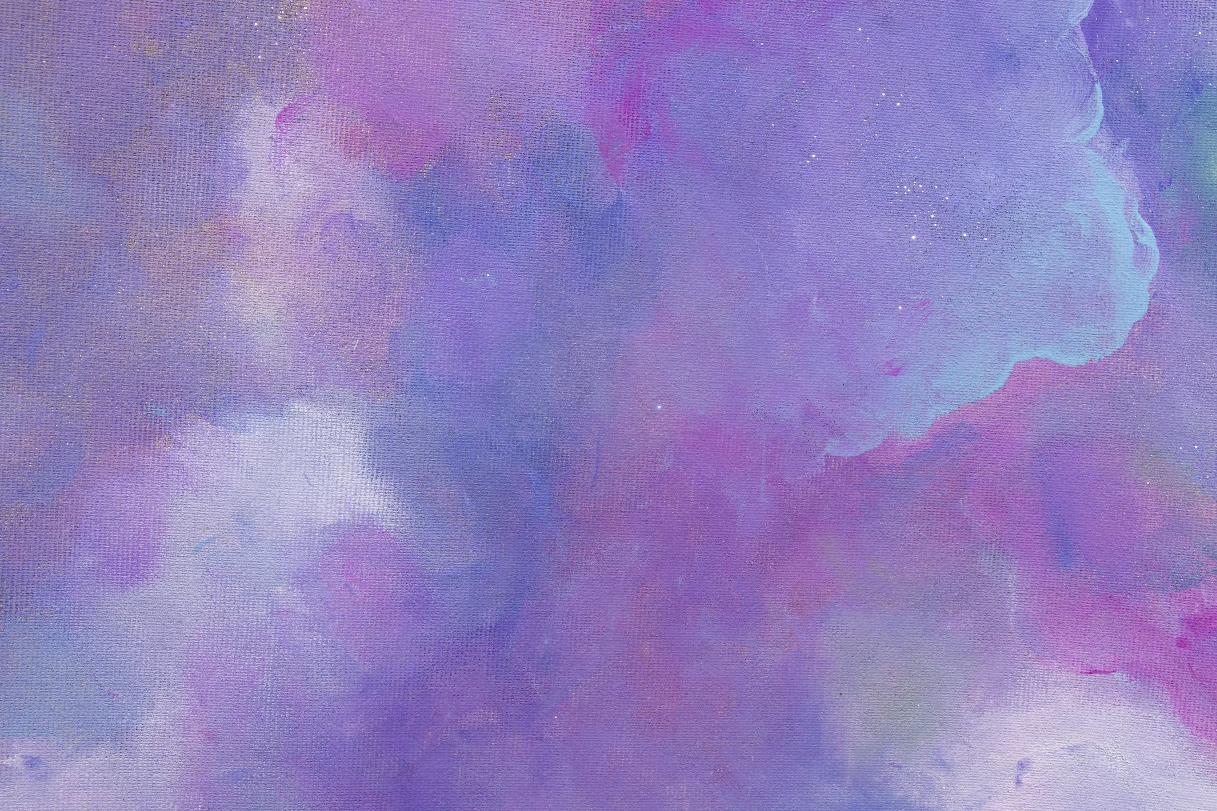 Abstract watercolor artwork with shades of purple, blue, pink, and hints of white and teal.