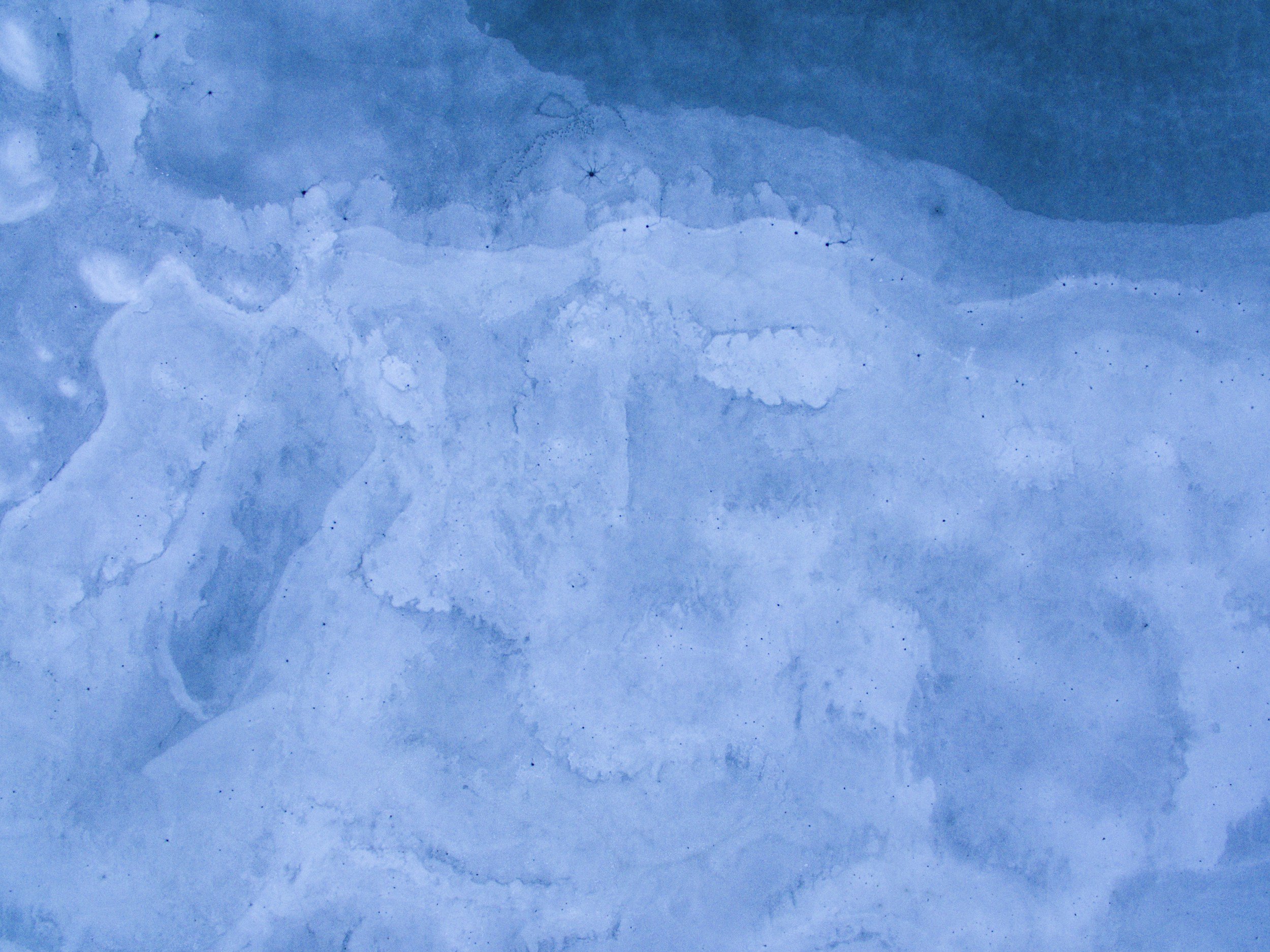 Close-up of snow and ice with small black specks, and faint cracks visible in the light blue and white surfaces.