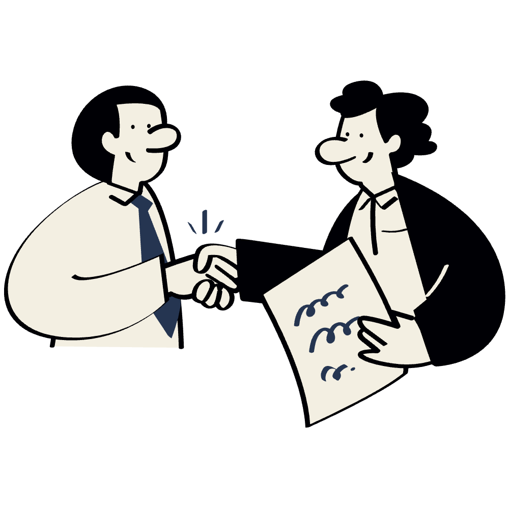 Two men shaking hands, one holding a document, in a professional setting.