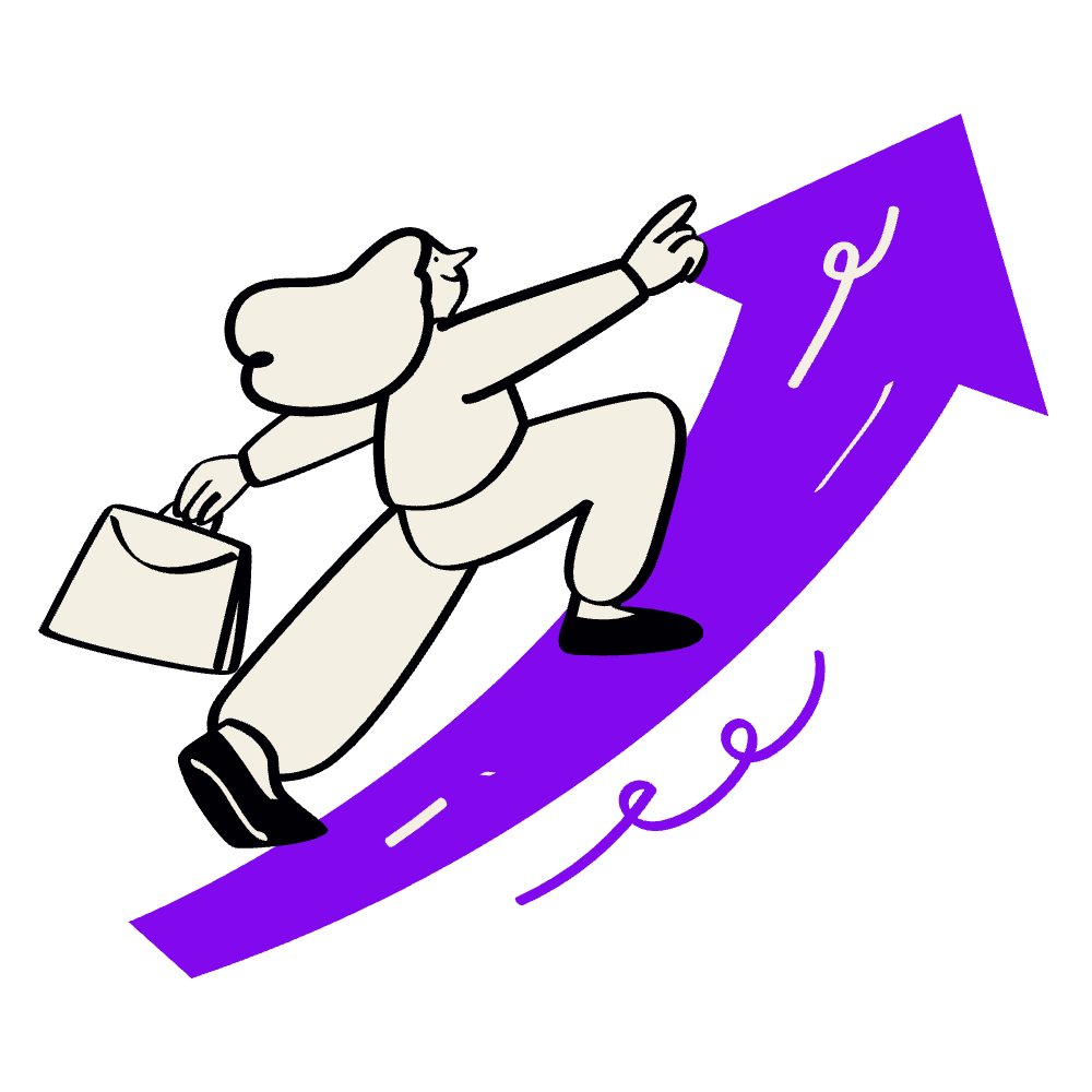 A cartoon woman in business attire riding a large purple upward arrow, symbolizing growth or success, with a briefcase in one hand and pointing forward.