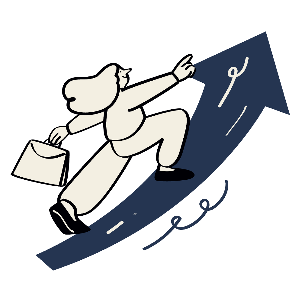 Illustration of a person balancing on a large upward arrow, carrying a briefcase, symbolizing business growth or success.