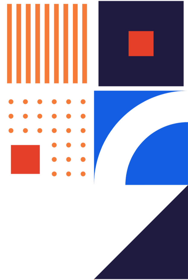Abstract digital art with orange striped lines, red squares, orange dots, blue and black shapes on a dark background.