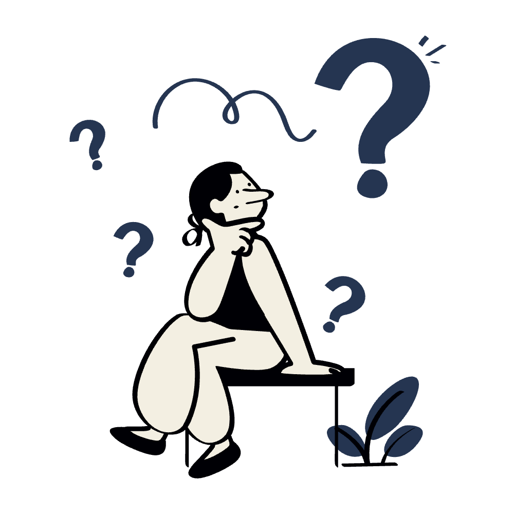 A cartoon illustration of a person in a thinking pose, surrounded by question marks, with a plant at their side and a dark background.