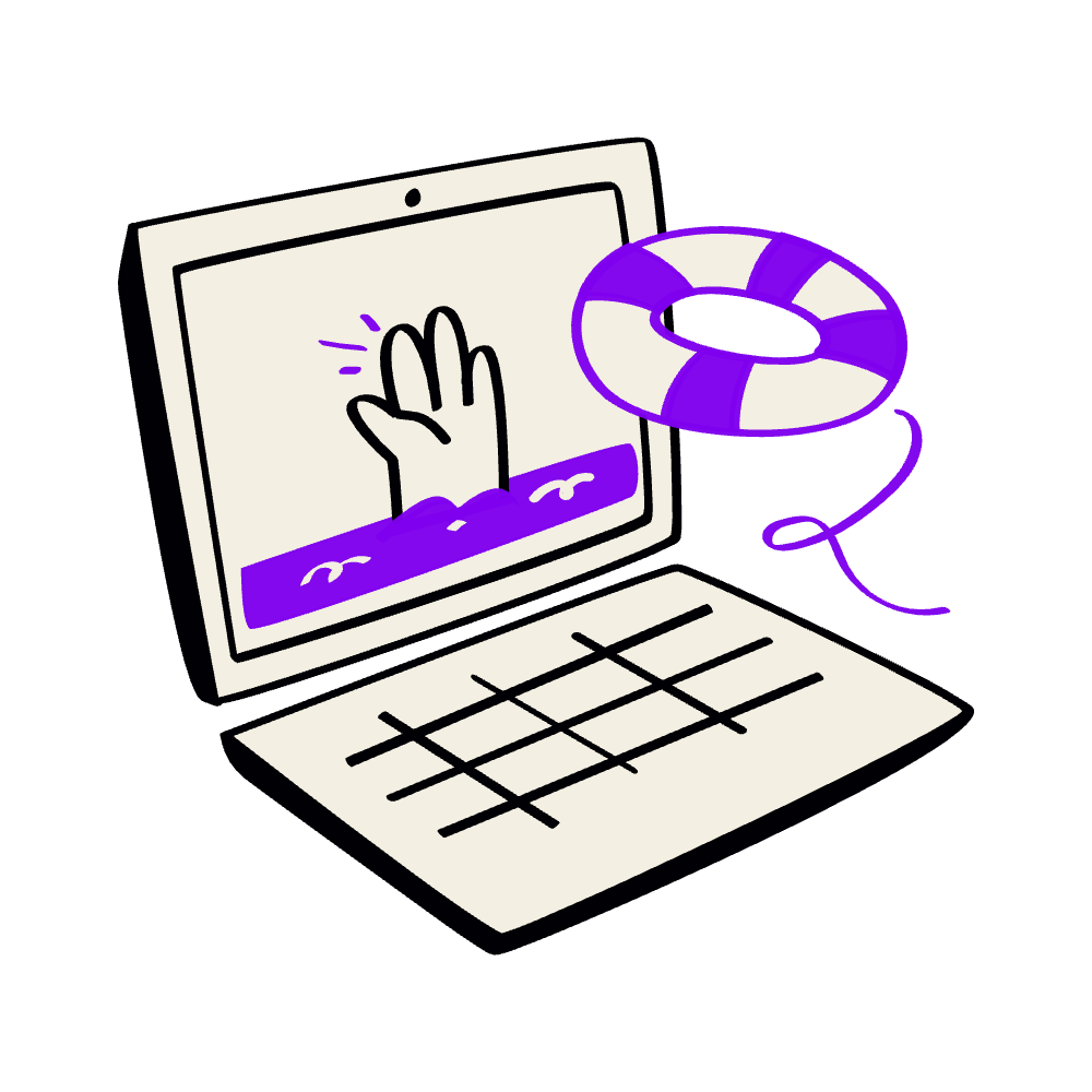 A computer laptop with a hand making a high five gesture on the screen, a purple and white lifebuoy floats nearby, connected by a string, all on a black background.