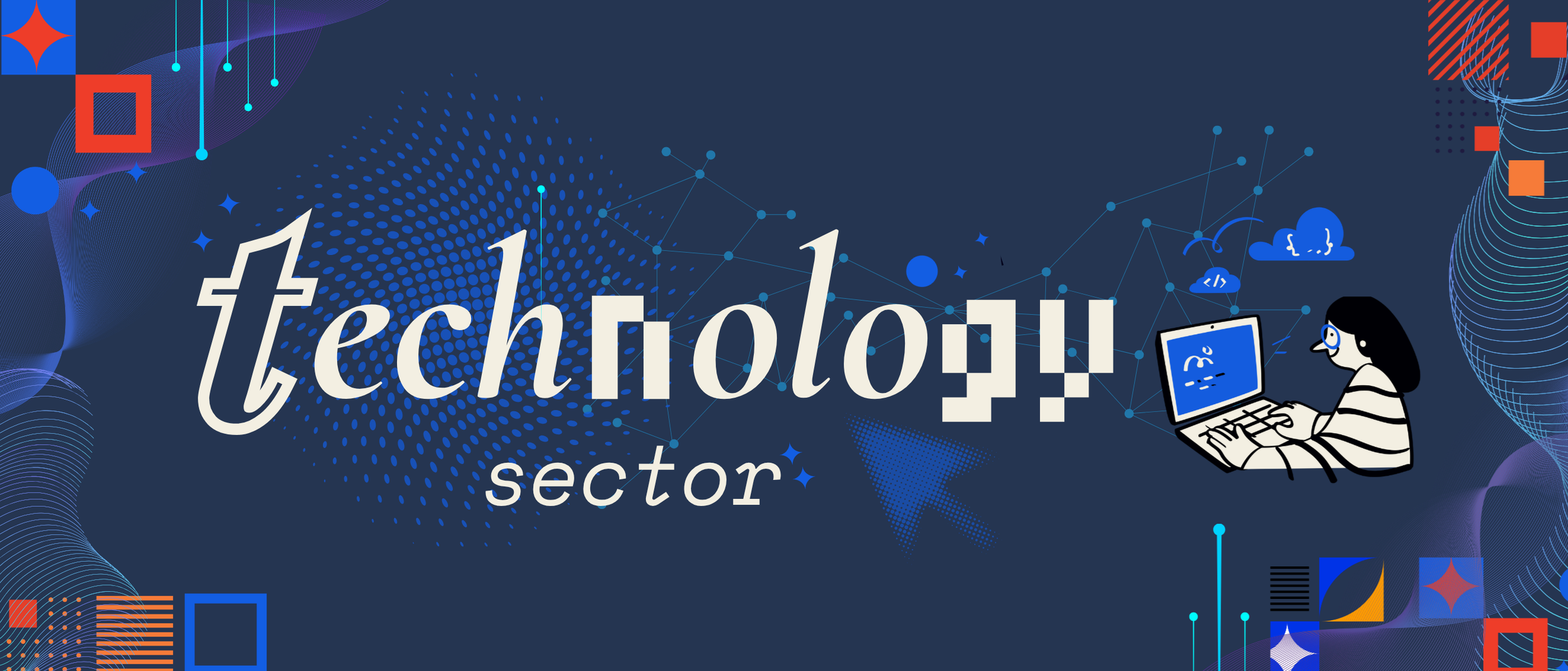 Digital illustration with the word 'technology' partially obscured, featuring a cartoon woman with glasses working on a laptop, surrounded by abstract graphic elements, geometric shapes, and connecting lines on a dark blue background.