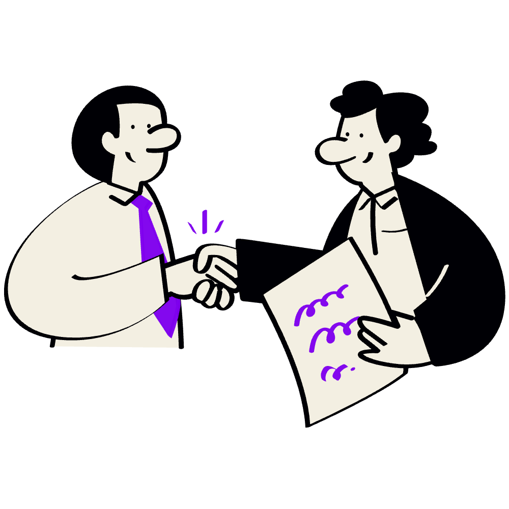 Two businessmen shaking hands, one holding a chart with purple writing, against a black background.
