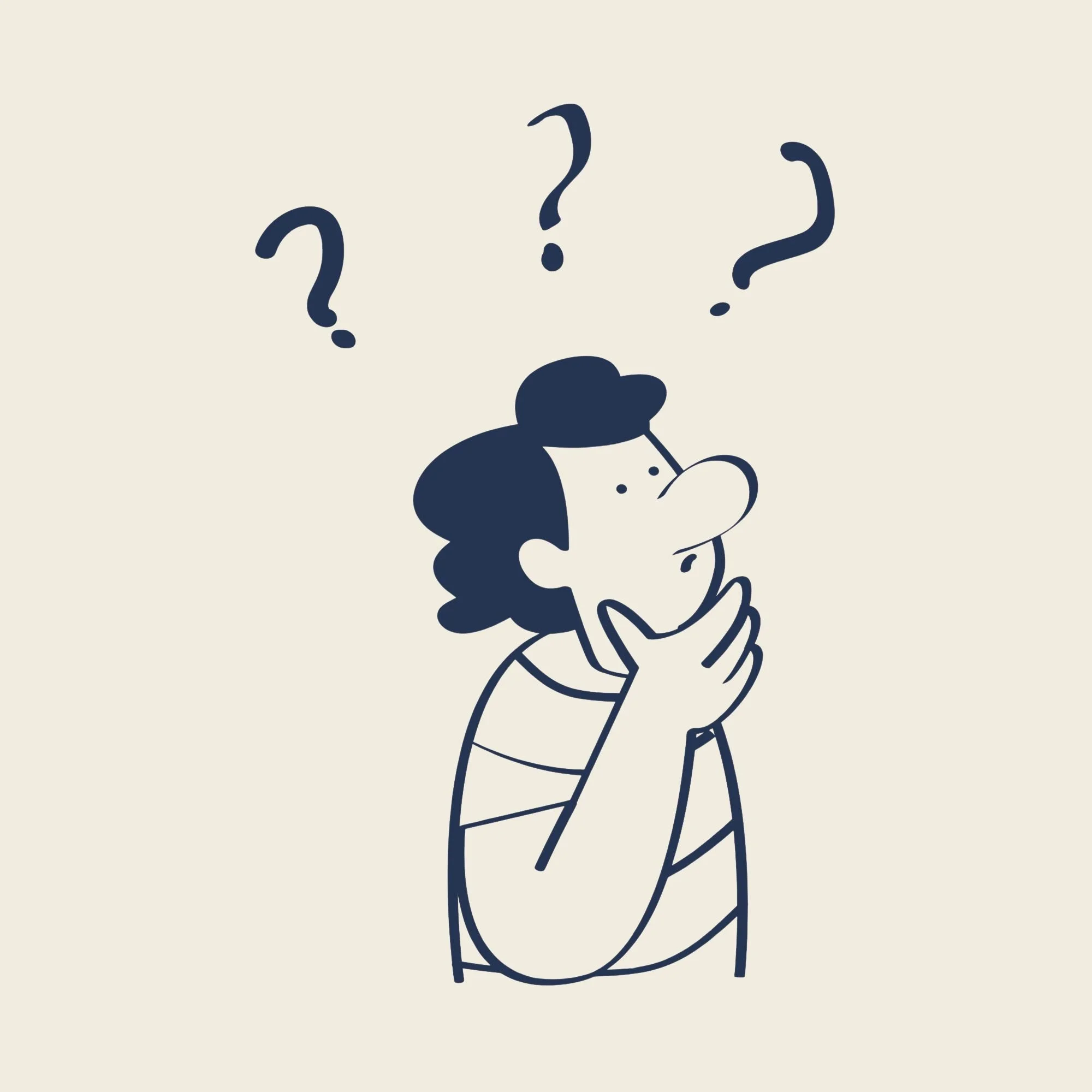 Line drawing of a person with curly hair and striped shirt holding a phone or device, surrounded by three question marks.