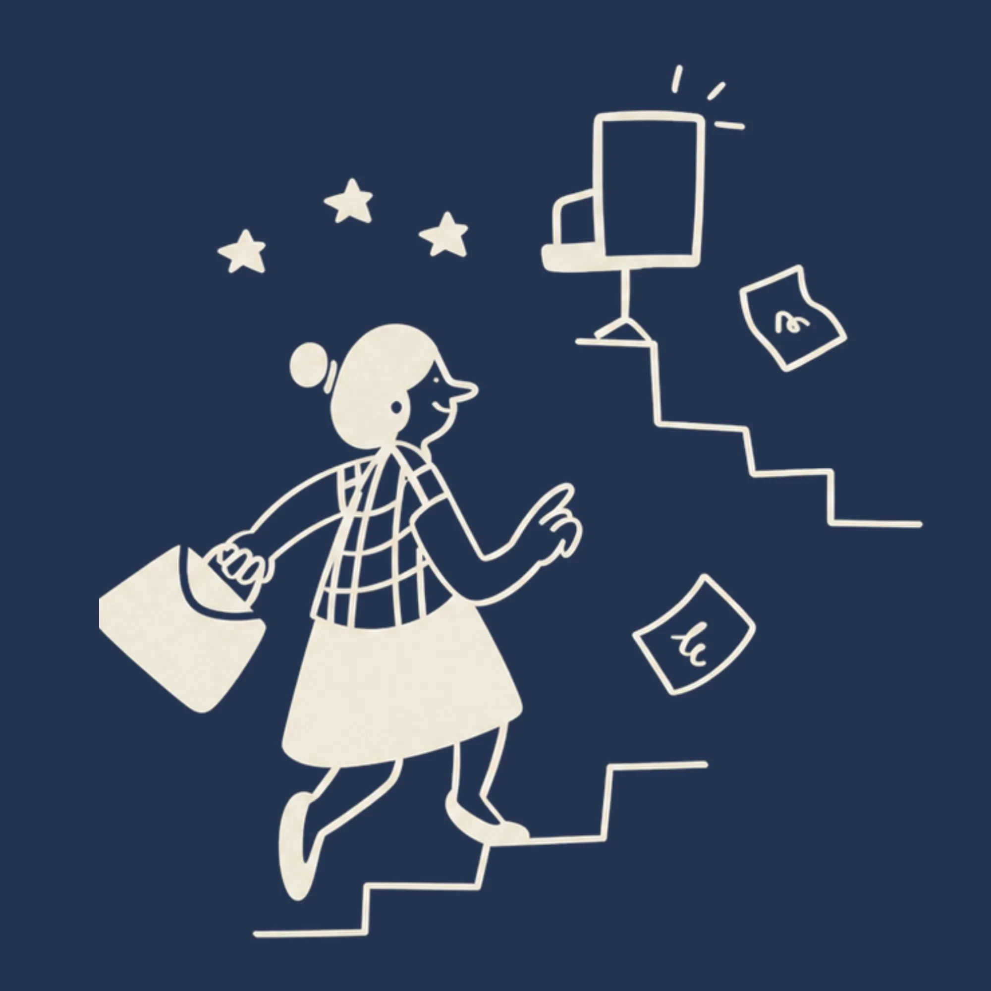 A simple line drawing of a person running up a staircase, carrying a bag, with stars and a light on top of a structure beside them.