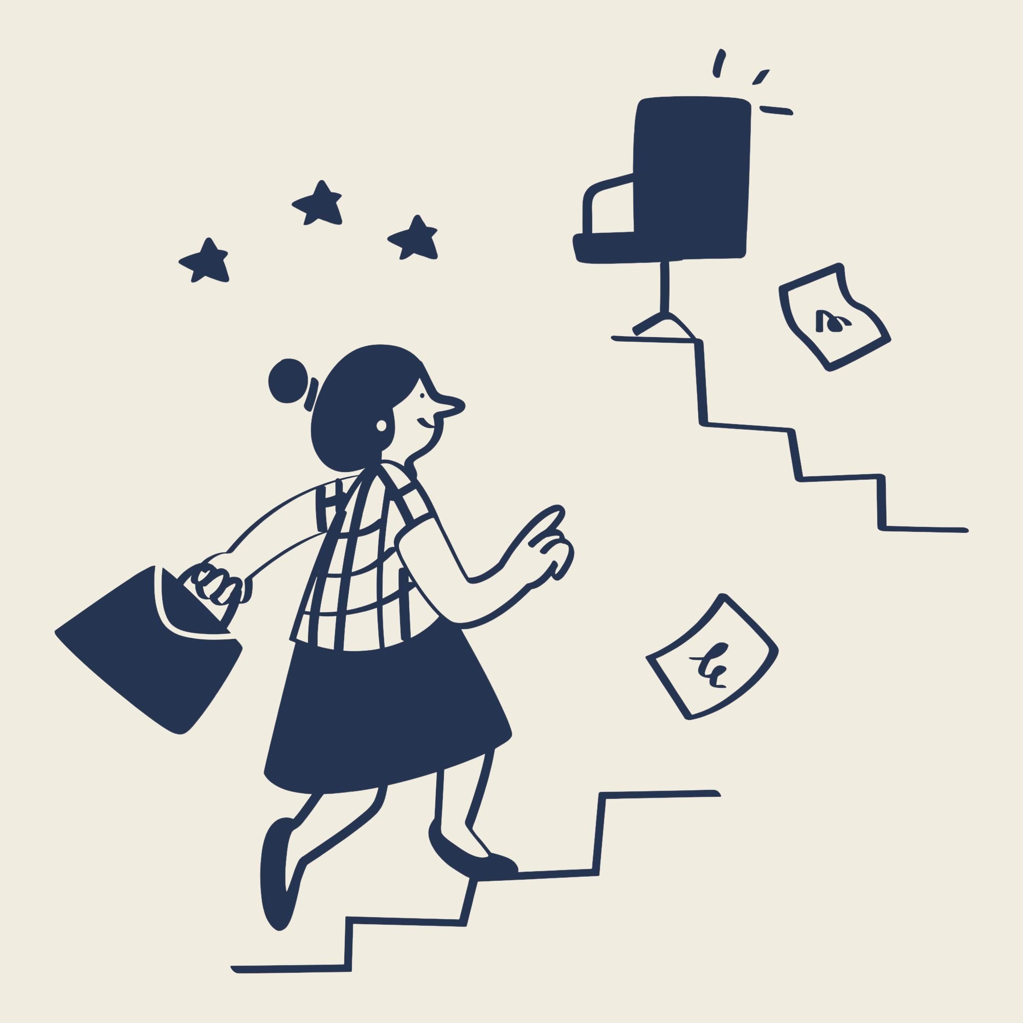 Simple graphic illustration of a woman walking up stairs with a briefcase, pointing at a flowchart, and looking at a computer monitor on a stand, with stars floating nearby.