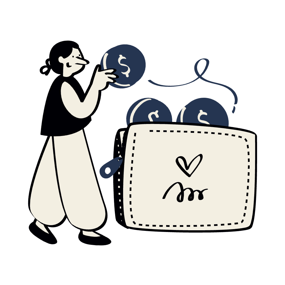 A cartoon woman holding a sphere with a dollar sign, standing next to a box filled with more spheres with dollar signs, with a heart and signature on the box.