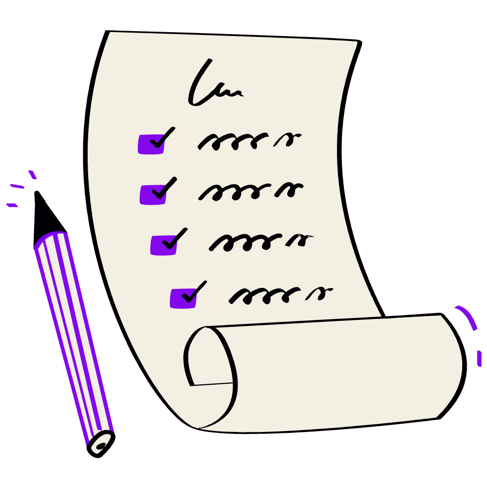 Drawing of a to-do list with four checked items, a purple marker, and a black background.