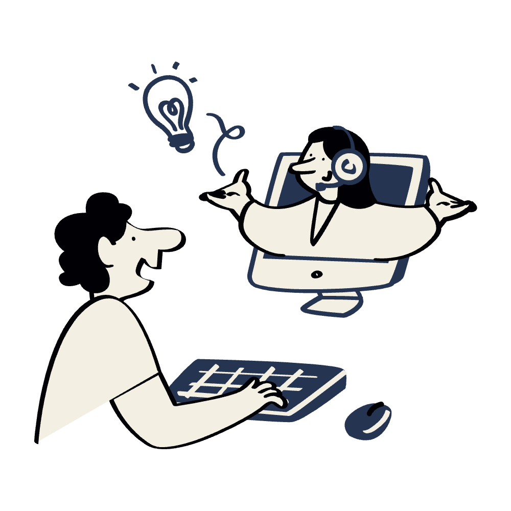 Illustration of a person playing a game on a computer with a virtual assistant on the screen, who has a lightbulb above its head.