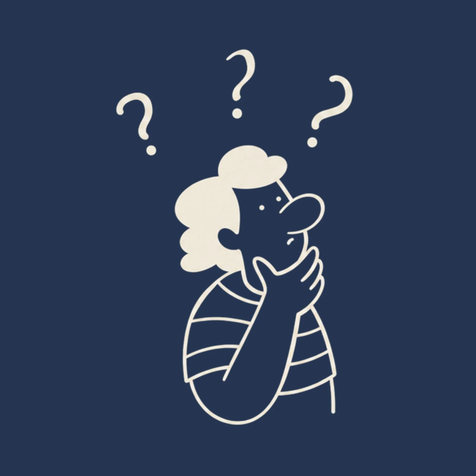 An abstract illustration of a person holding a magnifying glass, with large question marks above their head, set against a dark blue background.