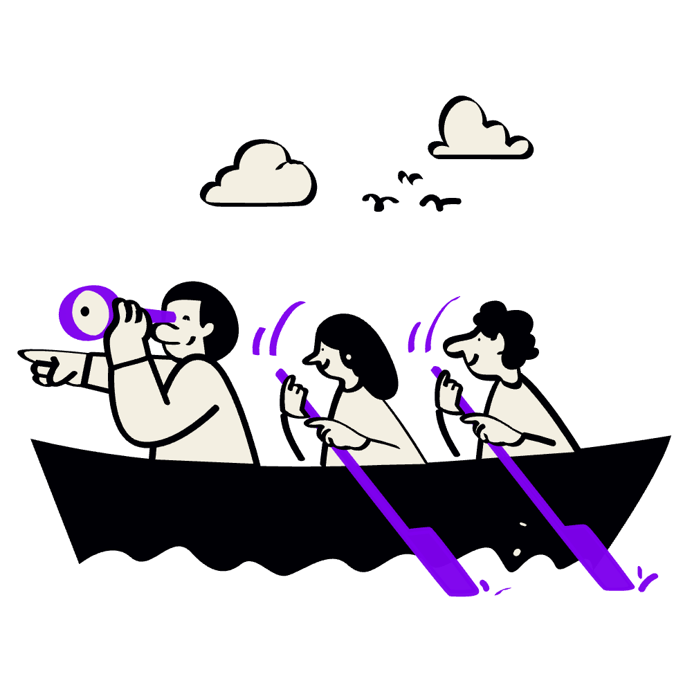 Three people sitting in a boat, looking at their phones, with one person looking through a telescope. The background shows a dark sky with clouds.