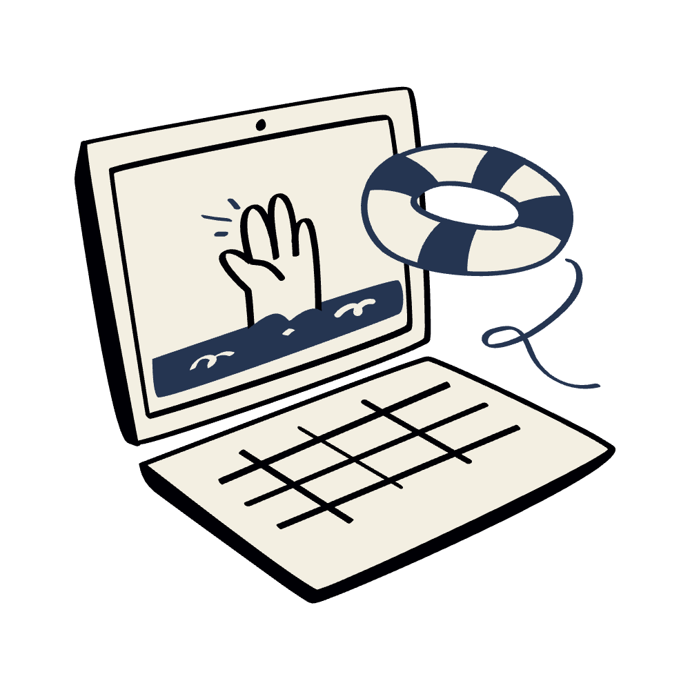 Illustration of a laptop with a hand giving a high five on the screen, a lifebuoy ring connected by a cord, and a grid pattern on the laptop's keyboard.